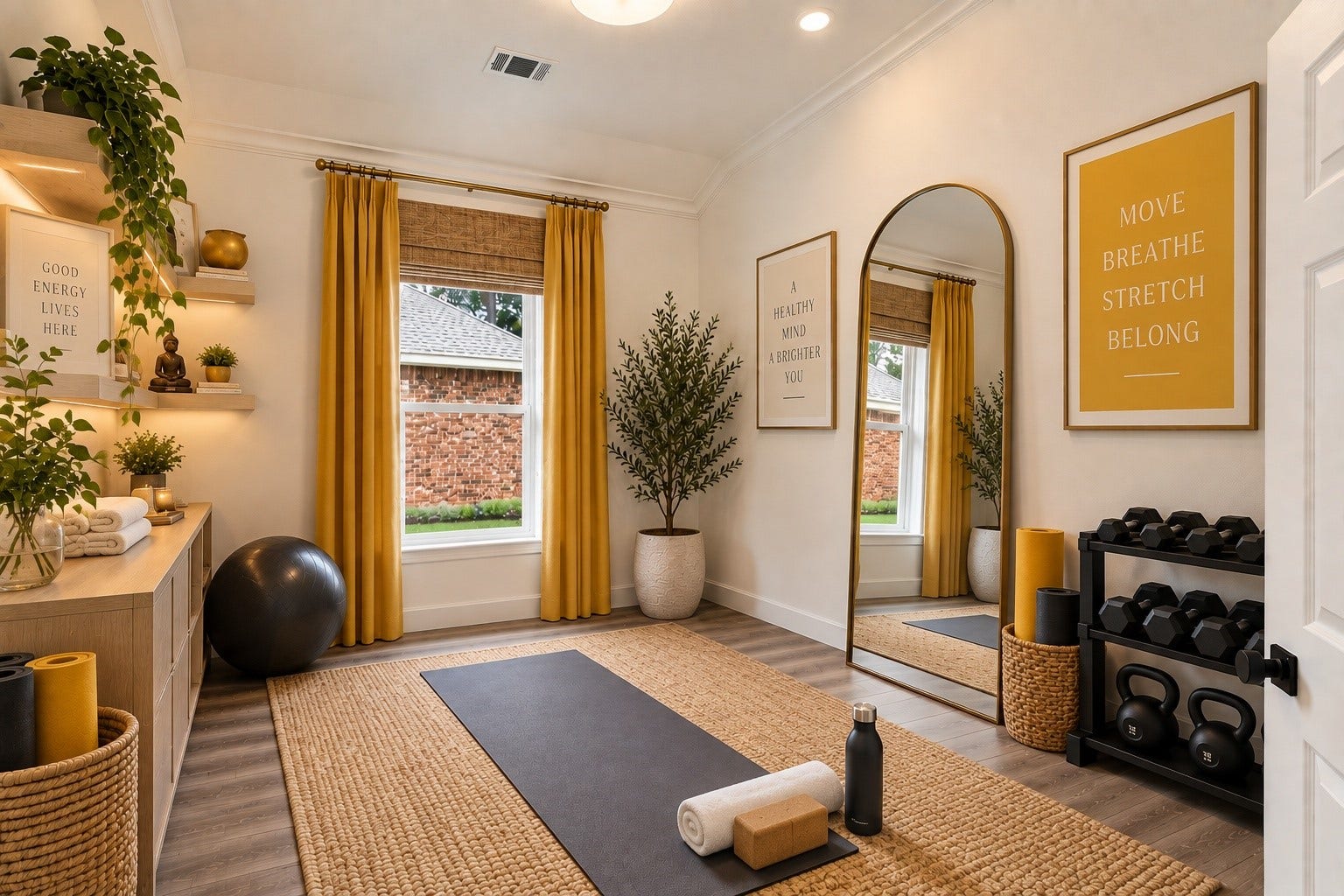 18 Griffin Hill Court, The Woodlands, TX 77382 (VIRTUALLY STAGED PHOTO) One of 18 Griffin Hill Court's versatile flex rooms is brought to life with virtual staging, showcasing its potential as a home gym, yoga studio, or hobby room. The space features bright natural light, stylish curtains, lush potted plants, and a dedicated workout area demonstrating the remarkable flexibility of this wonderful home.