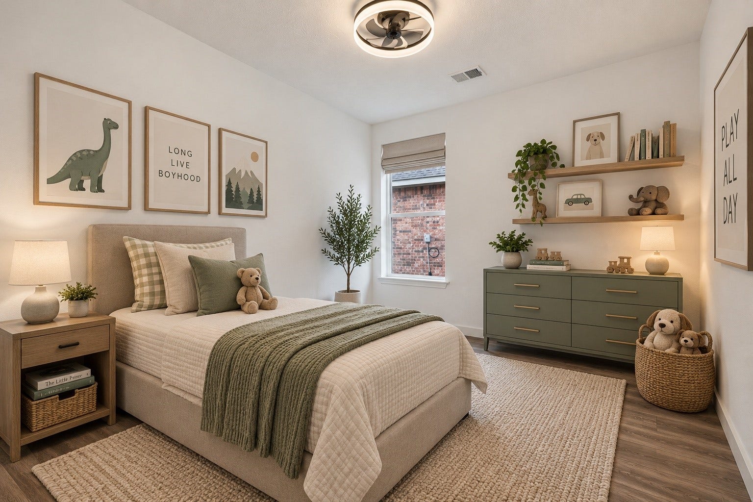 18 Griffin Hill Court, The Woodlands, TX 77382 (VIRTUALLY STAGED PHOTO) A beautifully designed secondary bedroom at 18 Griffin Hill Court is brought to life through virtual staging, featuring a cozy bed with stylish bedding, warm accent dcor, framed artwork, and potted plants against a calming sage green accent wall. This space perfectly illustrates the home's potential for creating personalized, stylish retreats.
