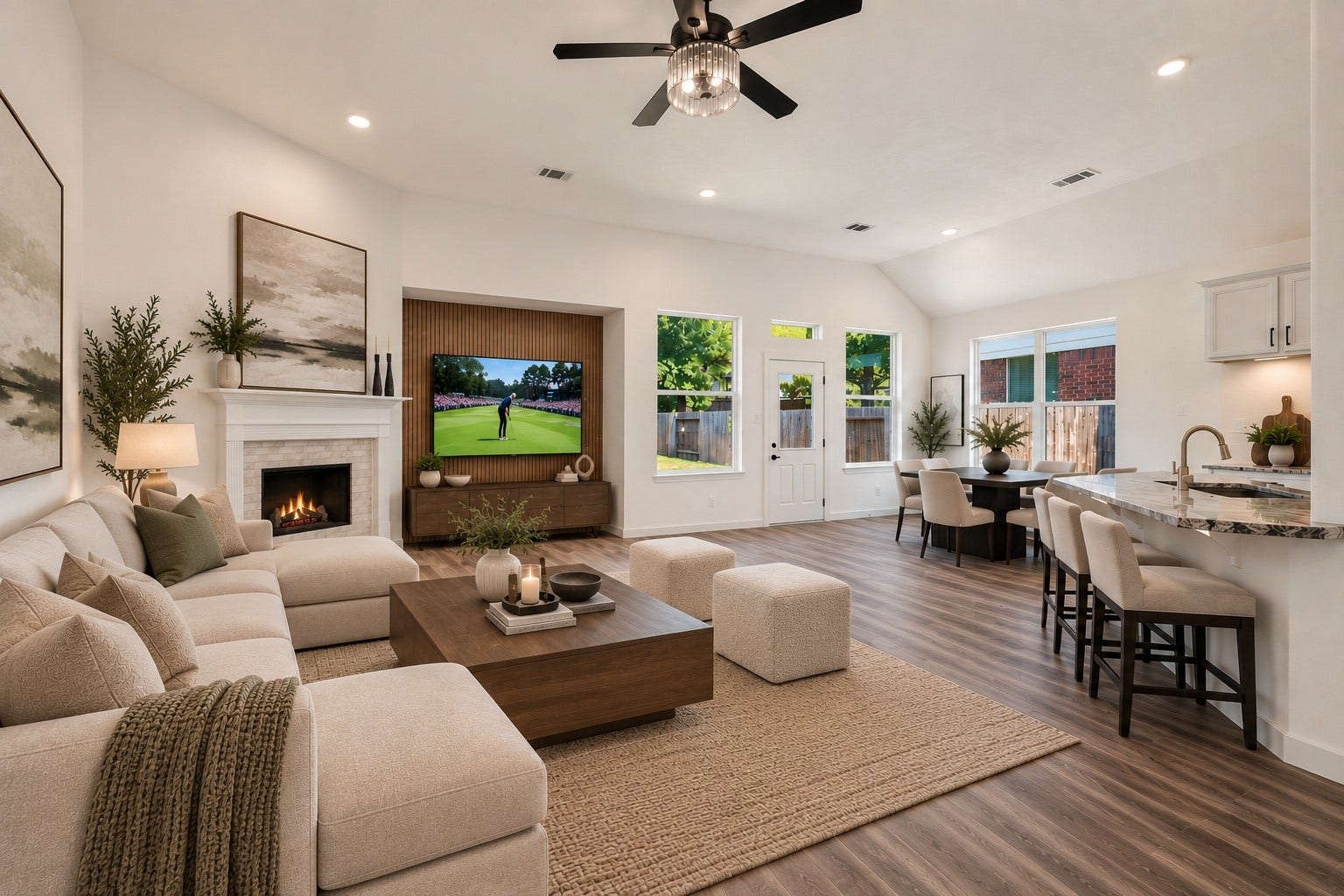 18 Griffin Hill Court, The Woodlands, TX 77382 (VIRTUALLY STAGED PHOTO) See your vision come to life in this stunning family room at 18 Griffin Hill Court. Virtual staging illustrates how beautifully the space accommodates a full living set, with a cozy sofa and coffee table arranged around the fireplace, a ceiling-mounted TV, and a ceiling fan overhead the ultimate space to relax.