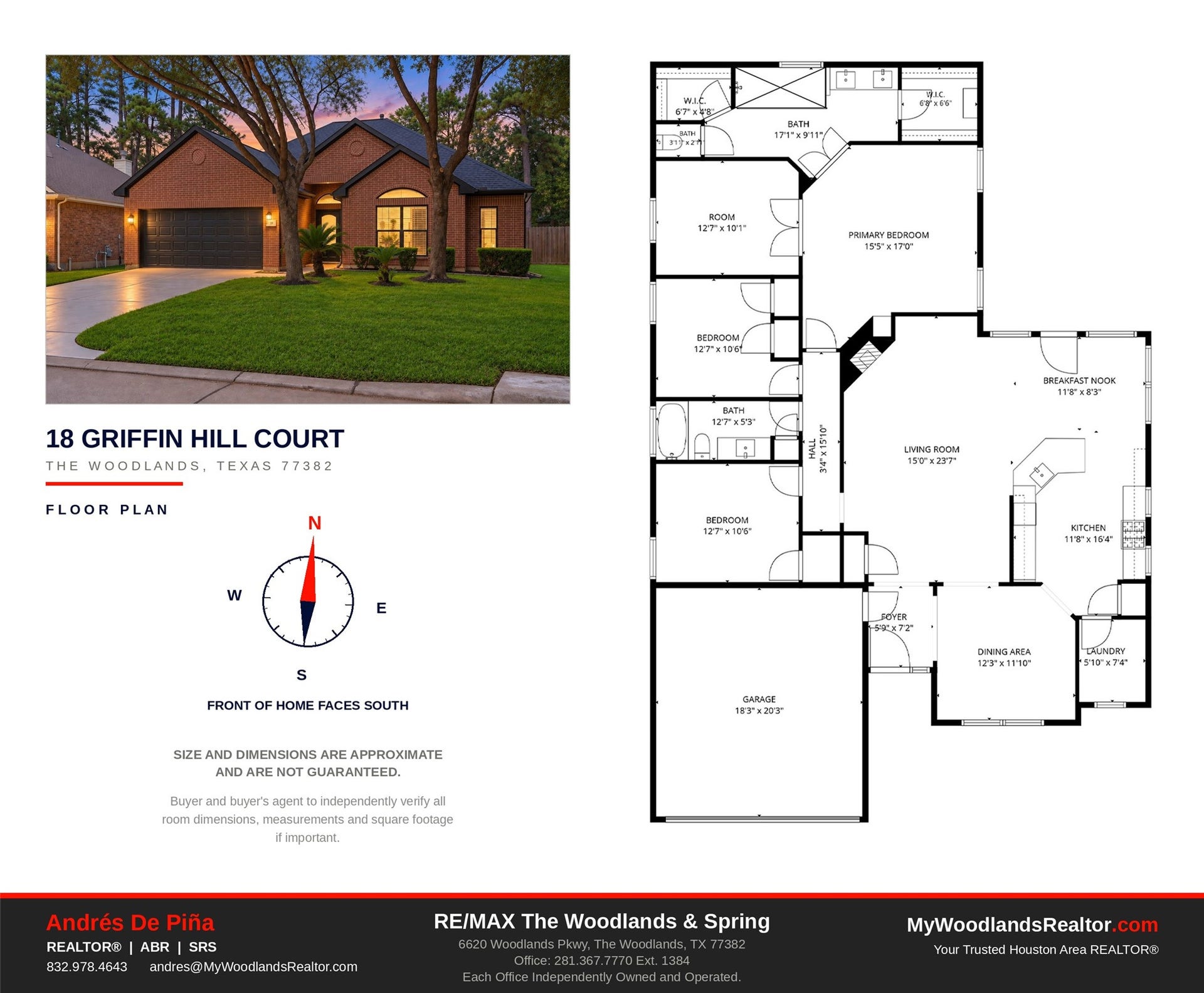 18 Griffin Hill Court, The Woodlands, TX 77382 Detailed floor plan for 18 Griffin Hill Court, showcasing the thoughtful single-story layout including all bedrooms, living areas, the chef's kitchen, dining spaces, and attached two-car garage. A compass rose orients the plan for easy reference as you explore this wonderful, well-designed home.