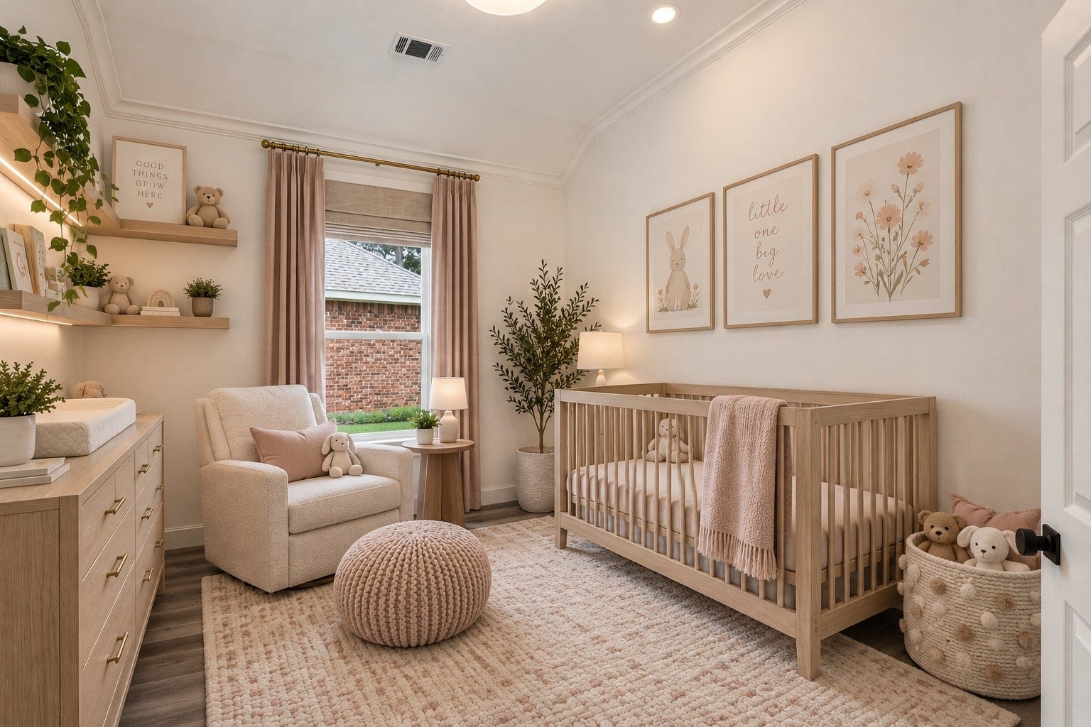 18 Griffin Hill Court, The Woodlands, TX 77382 (VIRTUALLY STAGED PHOTO) This beautifully envisioned nursery at 18 Griffin Hill Court shows the endless potential of the home's flexible bedroom spaces. Virtual staging presents a charming setup complete with a crib, cozy chair, soft dcor, and delicate window treatments a warm and welcoming space ready to grow with your family's evolving needs.