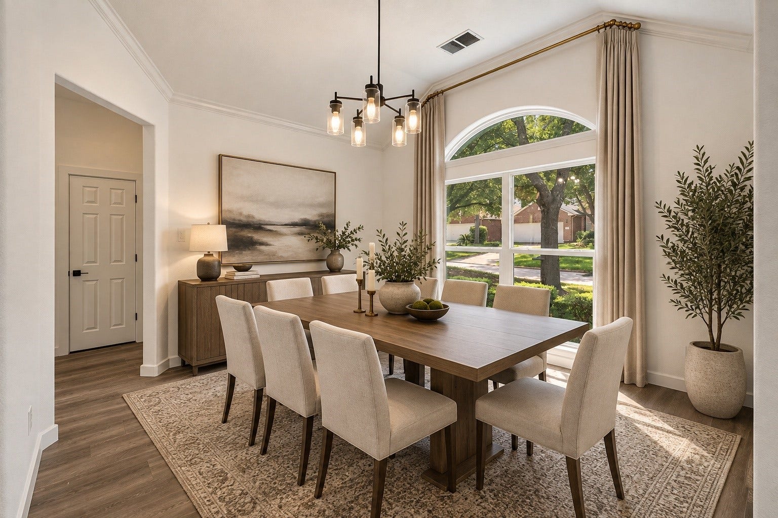 18 Griffin Hill Court, The Woodlands, TX 77382 (VIRTUALLY STAGED PHOTO) Visualize the possibilities in this gorgeous formal dining room at 18 Griffin Hill Court. Virtual staging showcases how beautifully a classic dining set with upholstered chairs and an elegant chandelier complement the arched window, warm-toned walls, and rich dark hardwood-style flooring in this inviting, light-filled space.