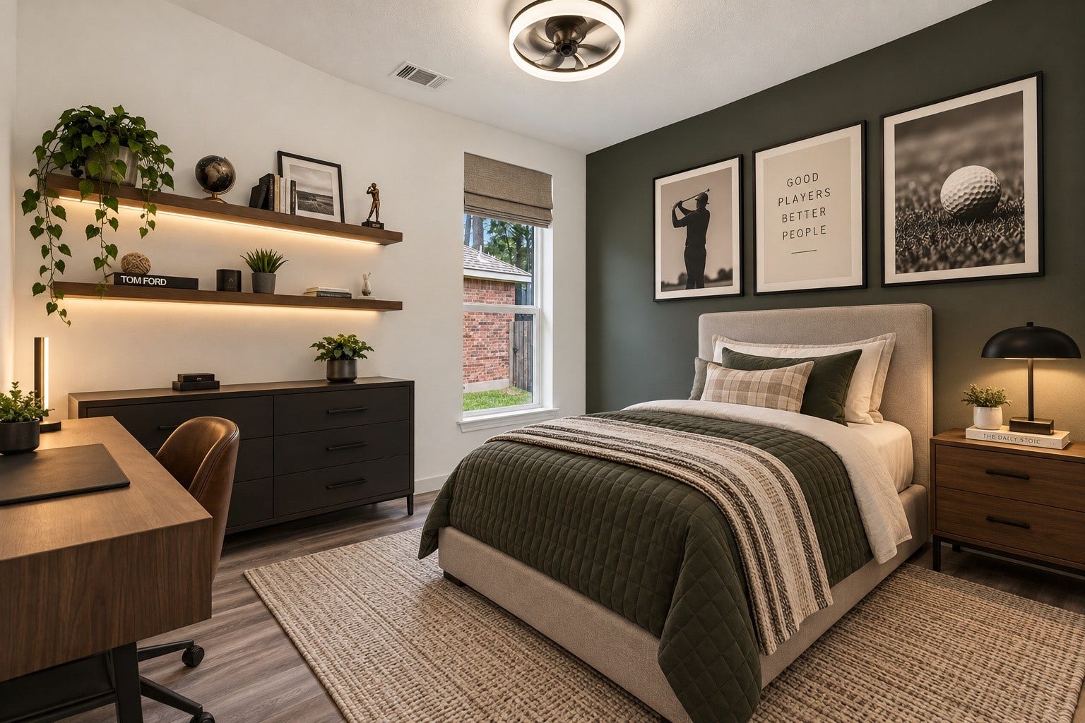 18 Griffin Hill Court, The Woodlands, TX 77382 (VIRTUALLY STAGED PHOTO) This virtually staged secondary bedroom at 18 Griffin Hill Court showcases the dramatic potential of the room's versatile proportions. A bold dark accent wall creates a striking backdrop for the styled bed, floating shelves, artwork, and curated dcor illustrating how easily this room transforms into a sophisticated and personal retreat.