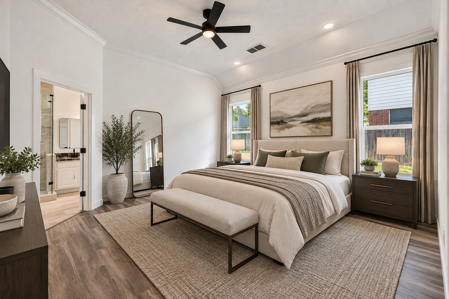 18 Griffin Hill Court, The Woodlands, TX 77382 (VIRTUALLY STAGED PHOTO) The luxurious primary bedroom at 18 Griffin Hill Court is beautifully brought to life through virtual staging. A gorgeous king-sized bed with designer bedding, stylish bedside tables, and framed wall art demonstrate how perfectly the room's generous proportions, ceiling fan, and abundant natural light combine to create the ultimate personal retreat.