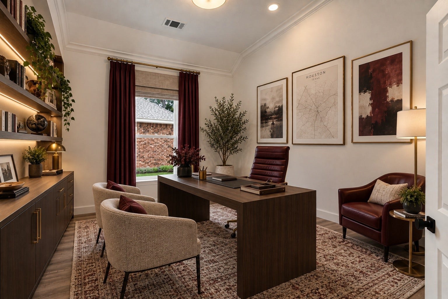 18 Griffin Hill Court, The Woodlands, TX 77382 (VIRTUALLY STAGED PHOTO) The sophisticated home office or executive study at 18 Griffin Hill Court is dramatically envisioned through virtual staging, featuring rich dark-wood built-in bookshelves, elegant furnishings, and deep burgundy window treatments. This inspiring workspace reflects the home's thoughtful layout and its ability to support a modern work-from-home lifestyle.