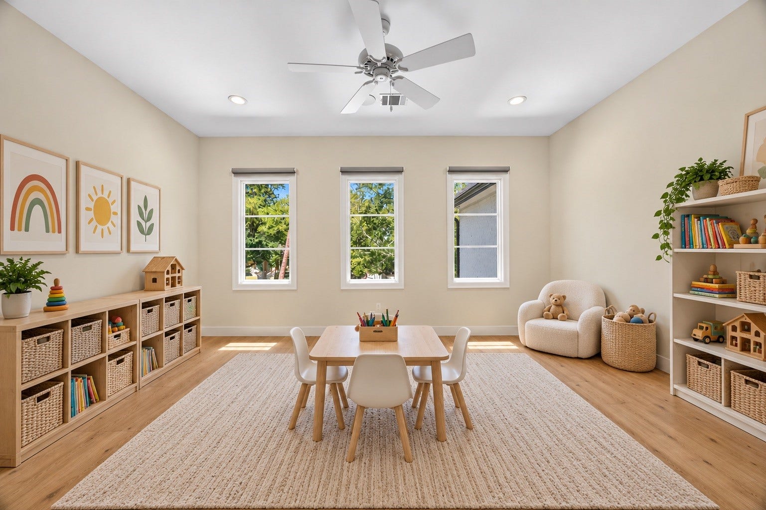 13915 Queensbury Lane, Houston, TX 77079 Bright and spacious upstairs bonus room featuring three windows, wide-plank wood flooring, recessed lighting, and a ceiling fan. Currently utilized as a craft room, this flexible space can easily accommodate a home office, creative studio, hobby room, or additional recreational area. (Picture is an AI rendering)