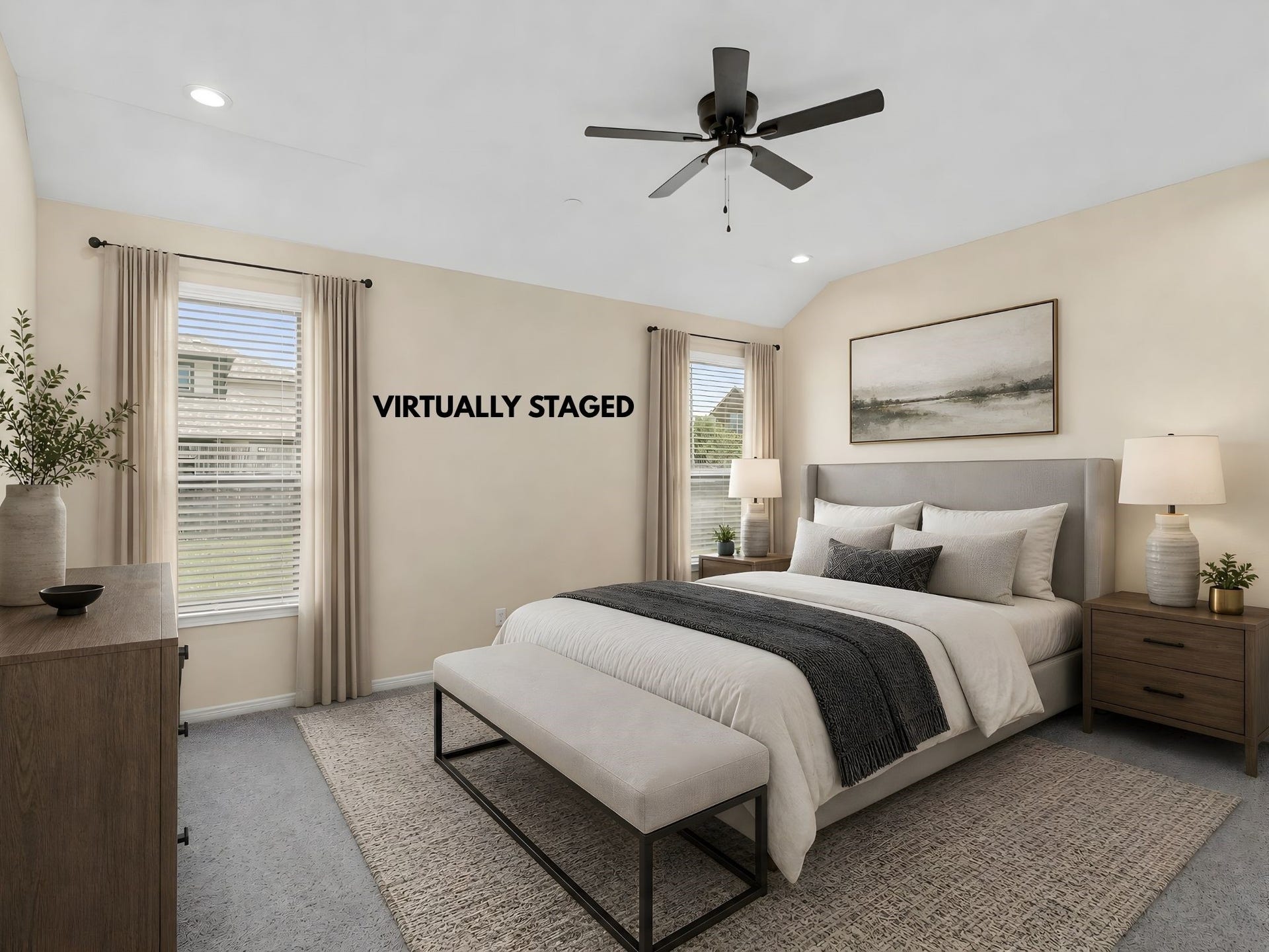 9423 Mineral Rock Lane, Richmond, TX 77407 Experience the elegance of this virtually staged primary bedroom, showcasing a serene ambiance with neutral tones, modern furnishings, and abundant natural light.