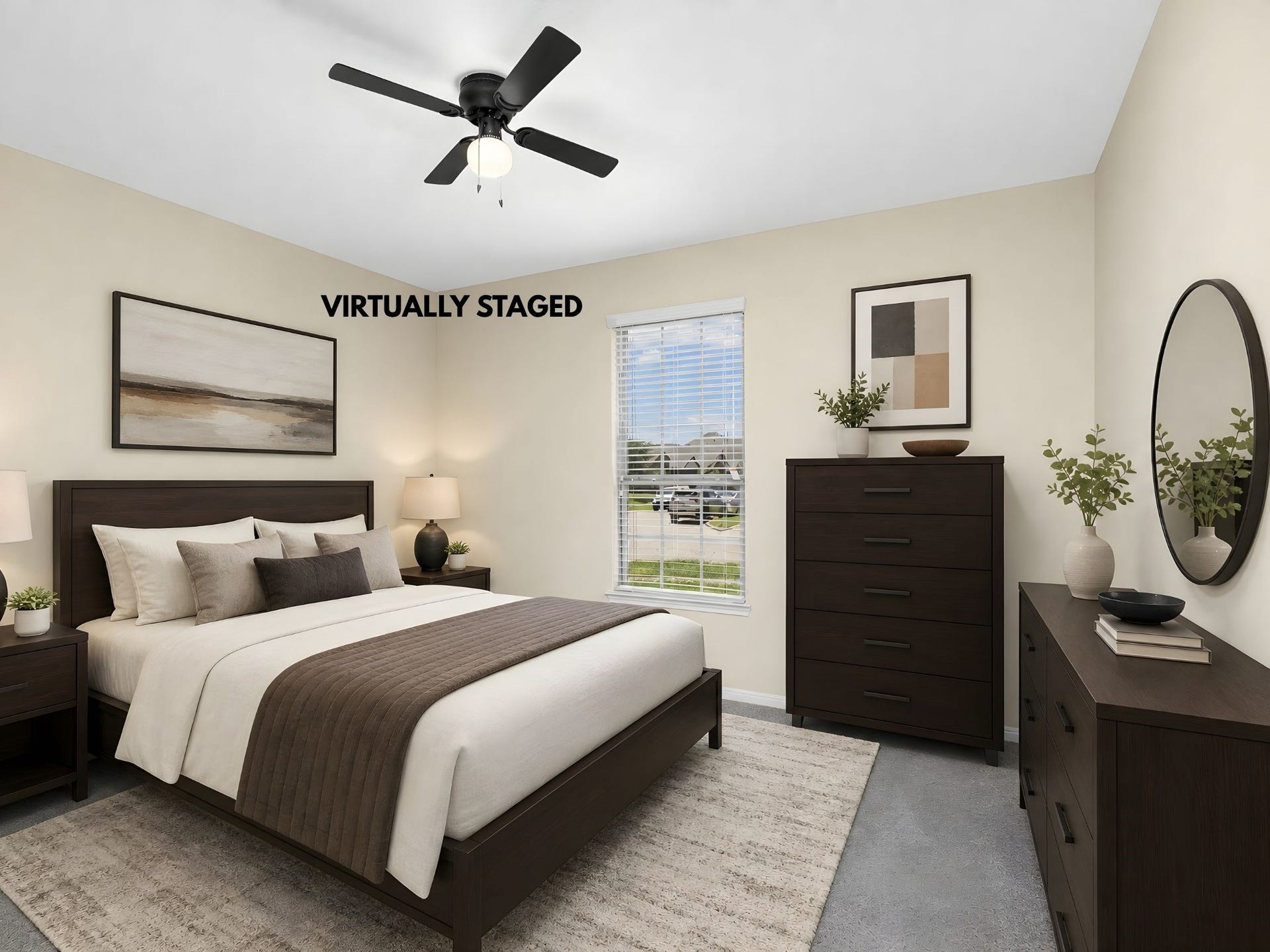 9423 Mineral Rock Lane, Richmond, TX 77407 Experience the inviting warmth of virtually staged bedroom #5, featuring elegant furnishings and a serene ambiance perfect for relaxation.