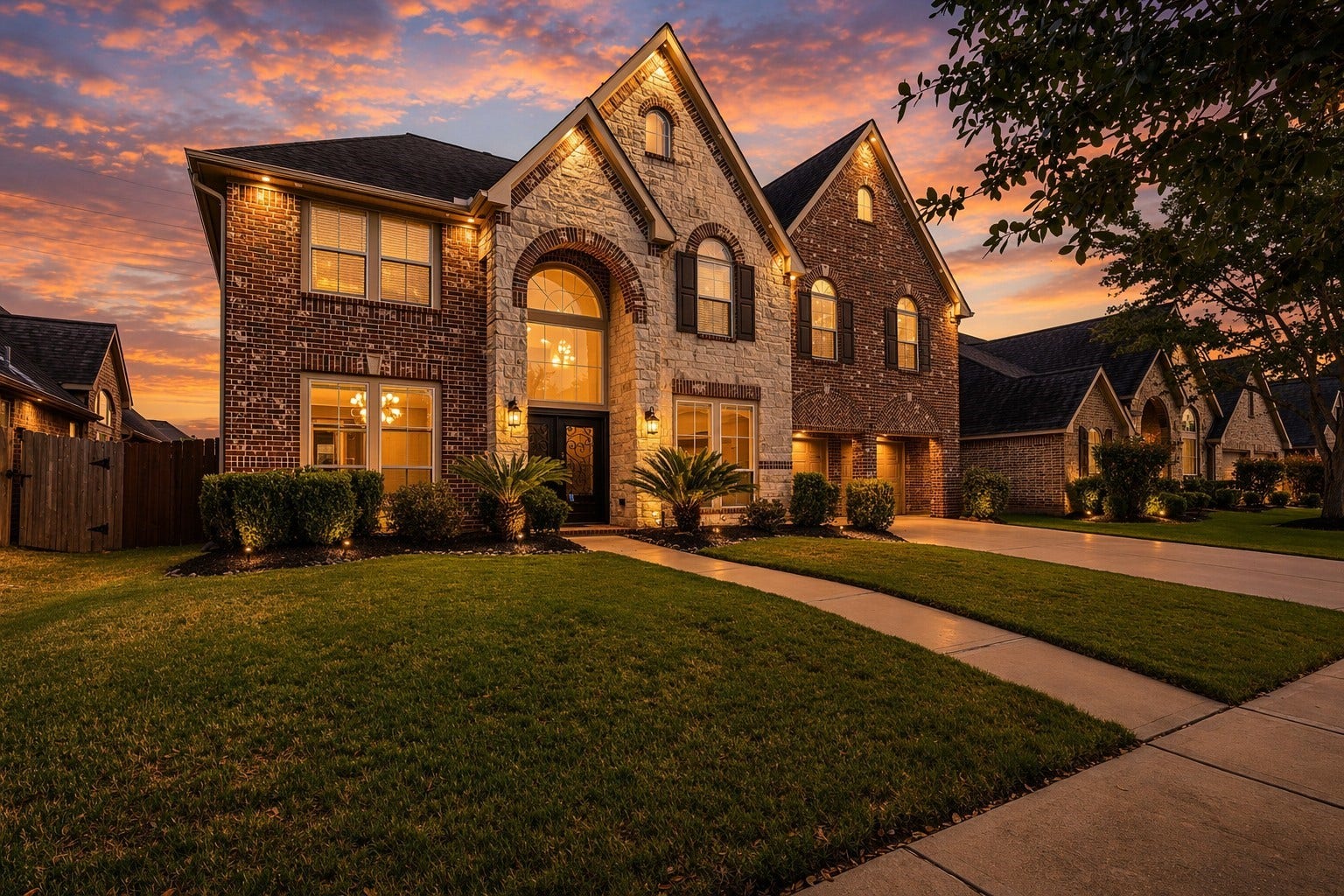 4130 Clover Ridge Lane, Sugar Land, TX 77479 Outside of the home is equipped with updated soffit lighting for that clean luxury glow.