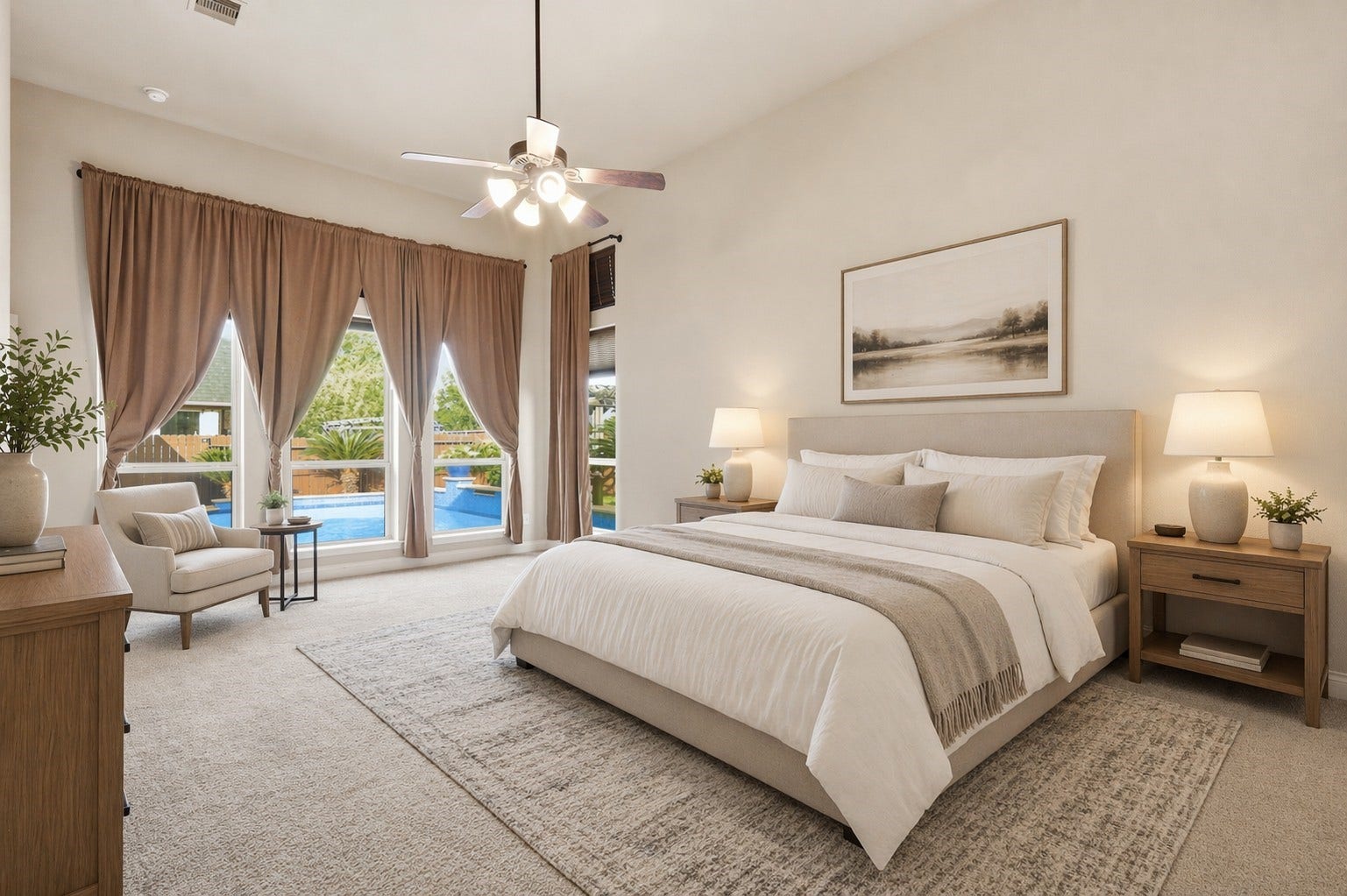 4130 Clover Ridge Lane, Sugar Land, TX 77479 This virtually staged photo features the spacious primary bedroom with neutral carpeting, high ceilings and large windows with a stunning view of the pool!
