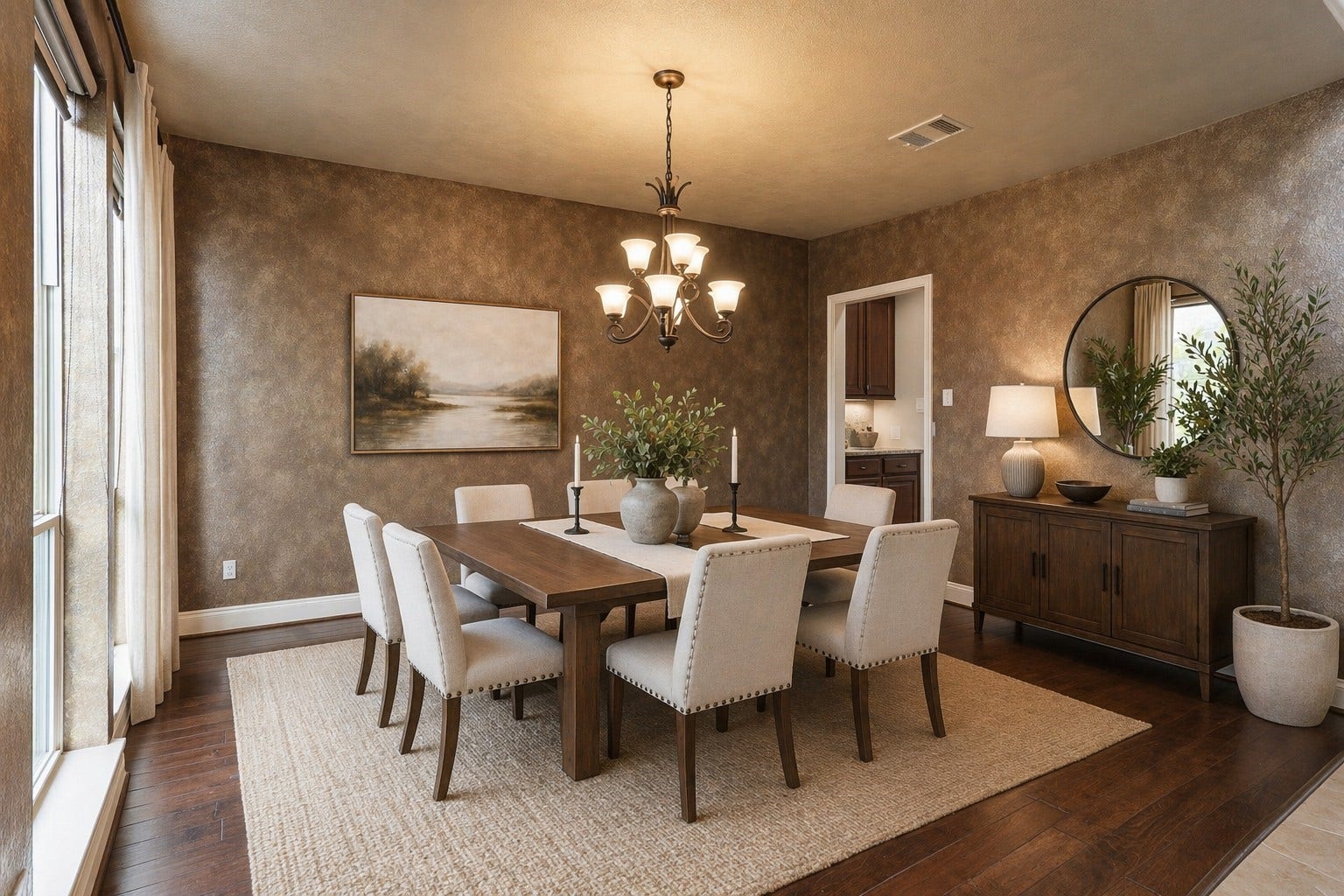 4130 Clover Ridge Lane, Sugar Land, TX 77479 This dining room has been virtually staged and features a warm, elegant design with custom paint and wood flooring.