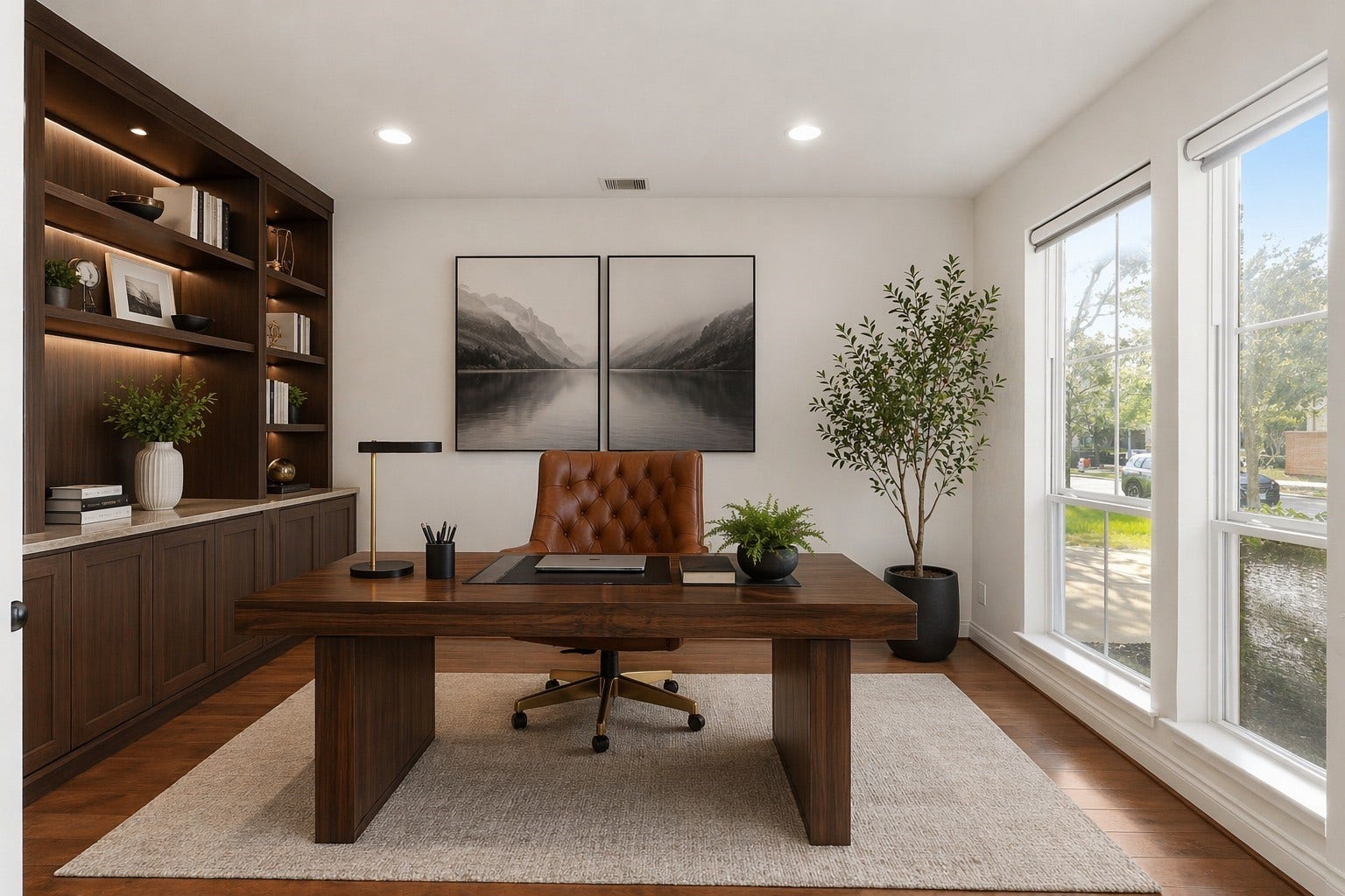 4130 Clover Ridge Lane, Sugar Land, TX 77479 This virtually staged photo showcases a bright elegant private home office with expansive windows, french doors and wood floors that let in plenty of natural light.