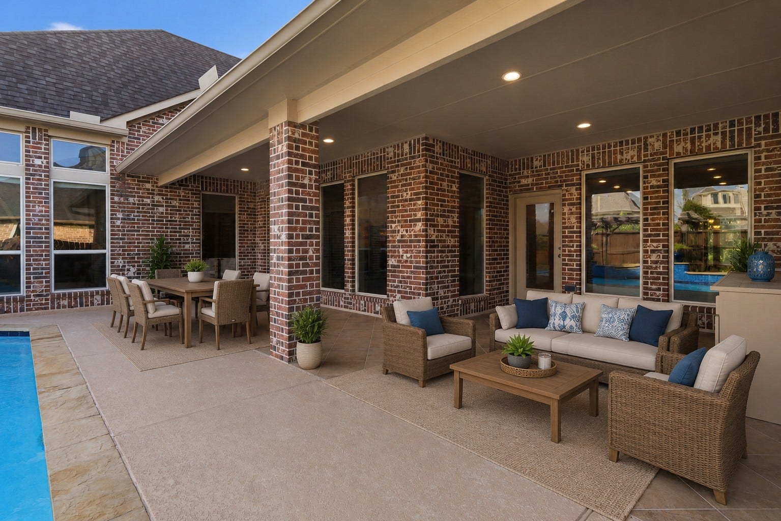 4130 Clover Ridge Lane, Sugar Land, TX 77479 This virtually staged photo showcases the spacious covered patio and demonstrates how comfortably the area can accommodate both outdoor dining and lounge furniture,