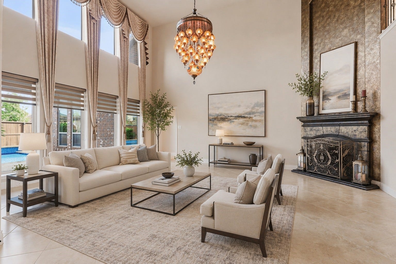 4130 Clover Ridge Lane, Sugar Land, TX 77479 This virtually staged photo showcases a spacious and elegant family room with high ceilings, custom chamdelier and fireplace as a focalpoint.