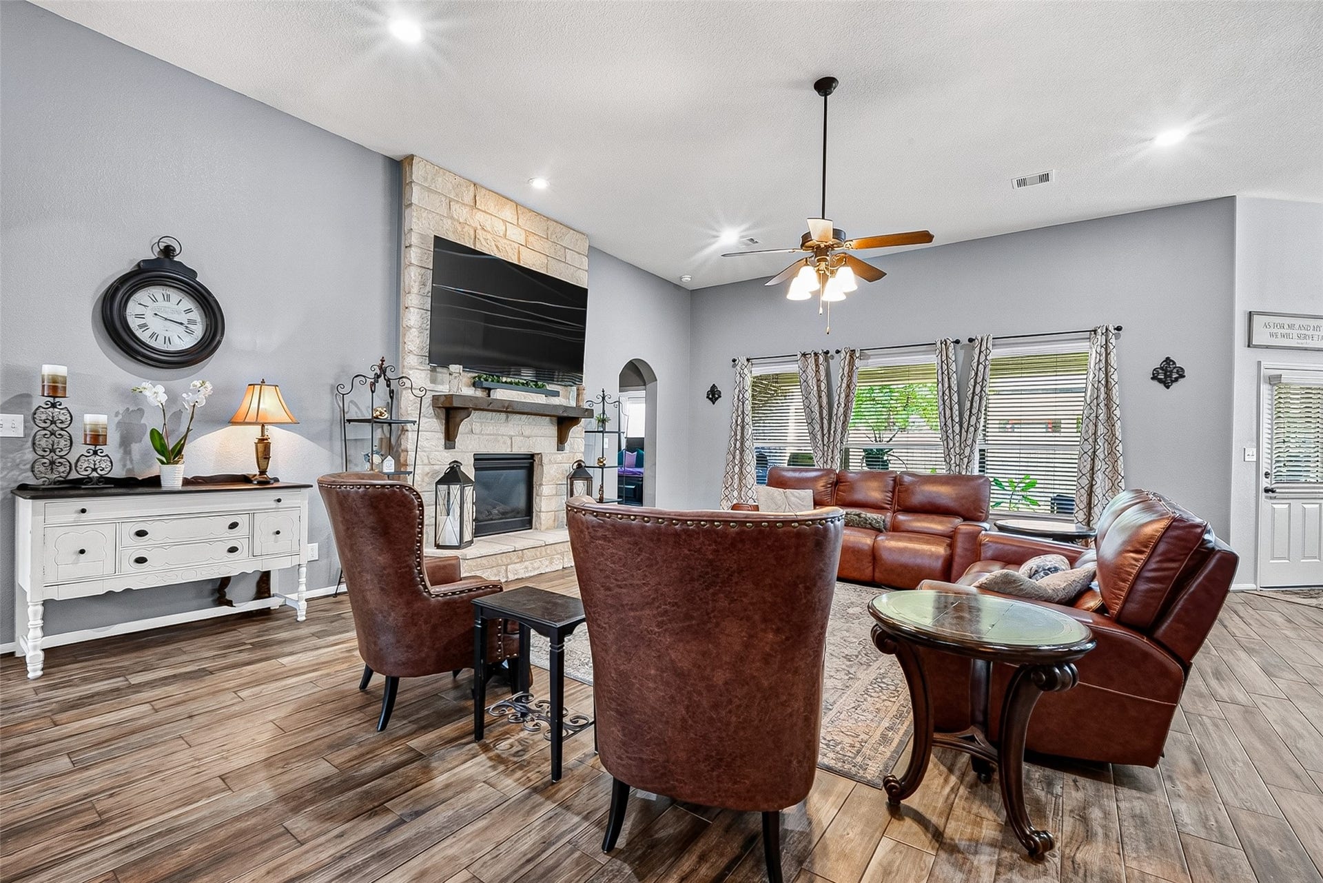 2414 Alexandra, Deer Park, TX 77536 Expansive Living Area Showcasing a Refined Limestone Fireplace That Elevates The Entire Space