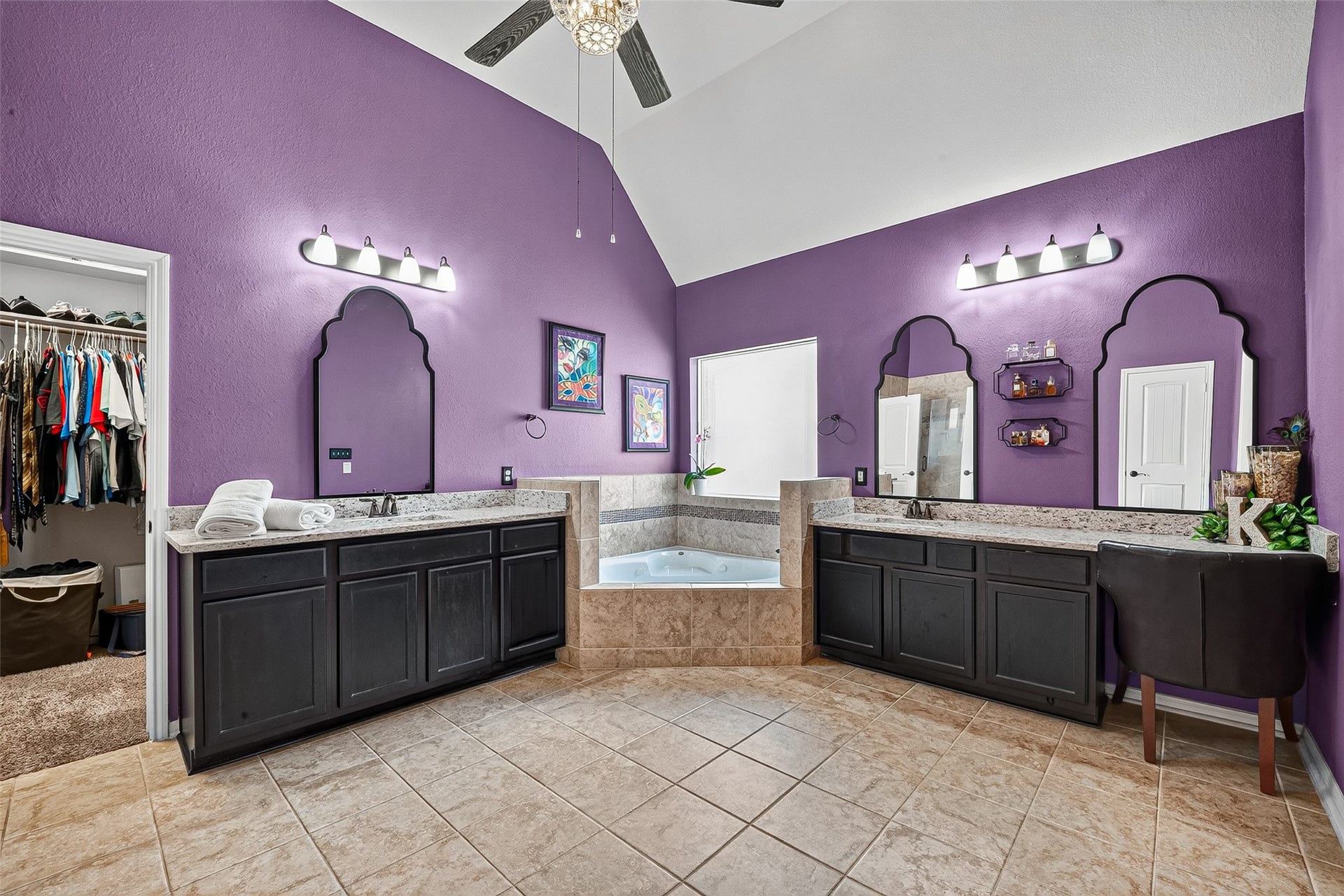2414 Alexandra, Deer Park, TX 77536 Large, Beautifully Appointed Bathroom Featuring Elegant Granite Countertops, A Seamless Glass Shower That Creates a Clean Modern Look, and for Added Comfort a Ceiling Fan