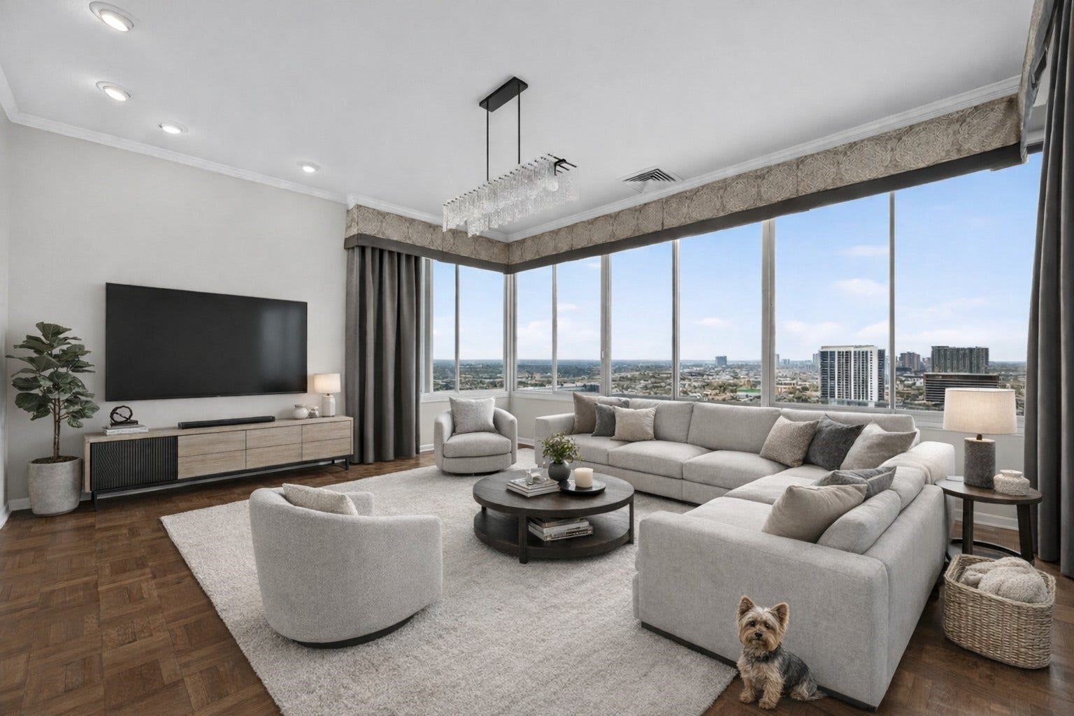 2016 Main Street, #PH 3, Houston, TX 77002 Virtually stagedSpacious and elegant living room with floor-to-ceiling windows offering stunning city views, complemented by a modern, cozy seating arrangement and stylish decor.