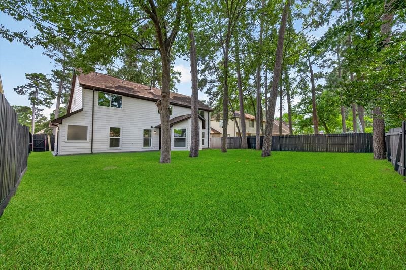 Spacious backyard with lush green lawn and mature trees, perfect for outdoor activities and relaxation.