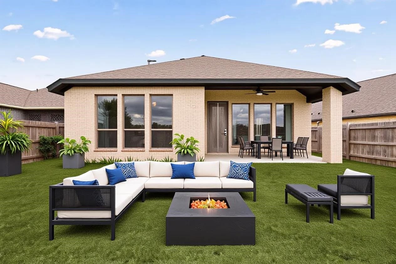 Huge backyard with covered patio [Virtually Staged]