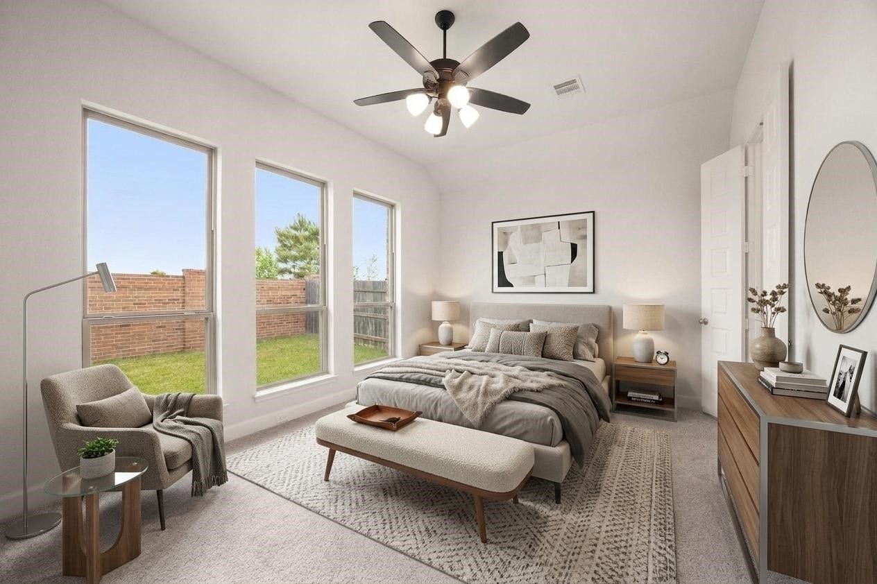Spacious Primary Bedroom with lots of windows [Virtually Staged]