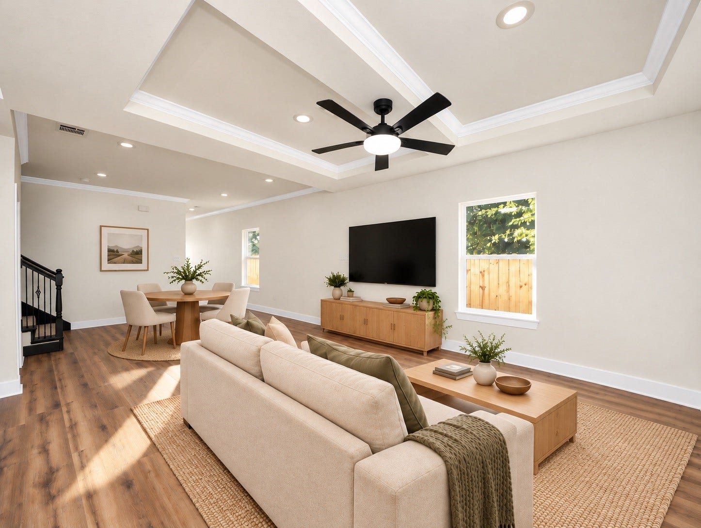 6671 Nielan Street, Houston, TX 77028 Additional view of the main living space highlighting the home's open layout, recessed lighting, elegant ceiling details & dedicated dining area | Virtually staged