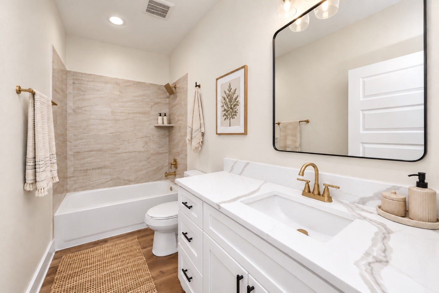 6671 Nielan Street, Houston, TX 77028 Additional upstairs bathroom featuring a tiled tub/shower combination, quartz vanity countertop, modern cabinetry, decorative fixtures & durable LVP flooring.