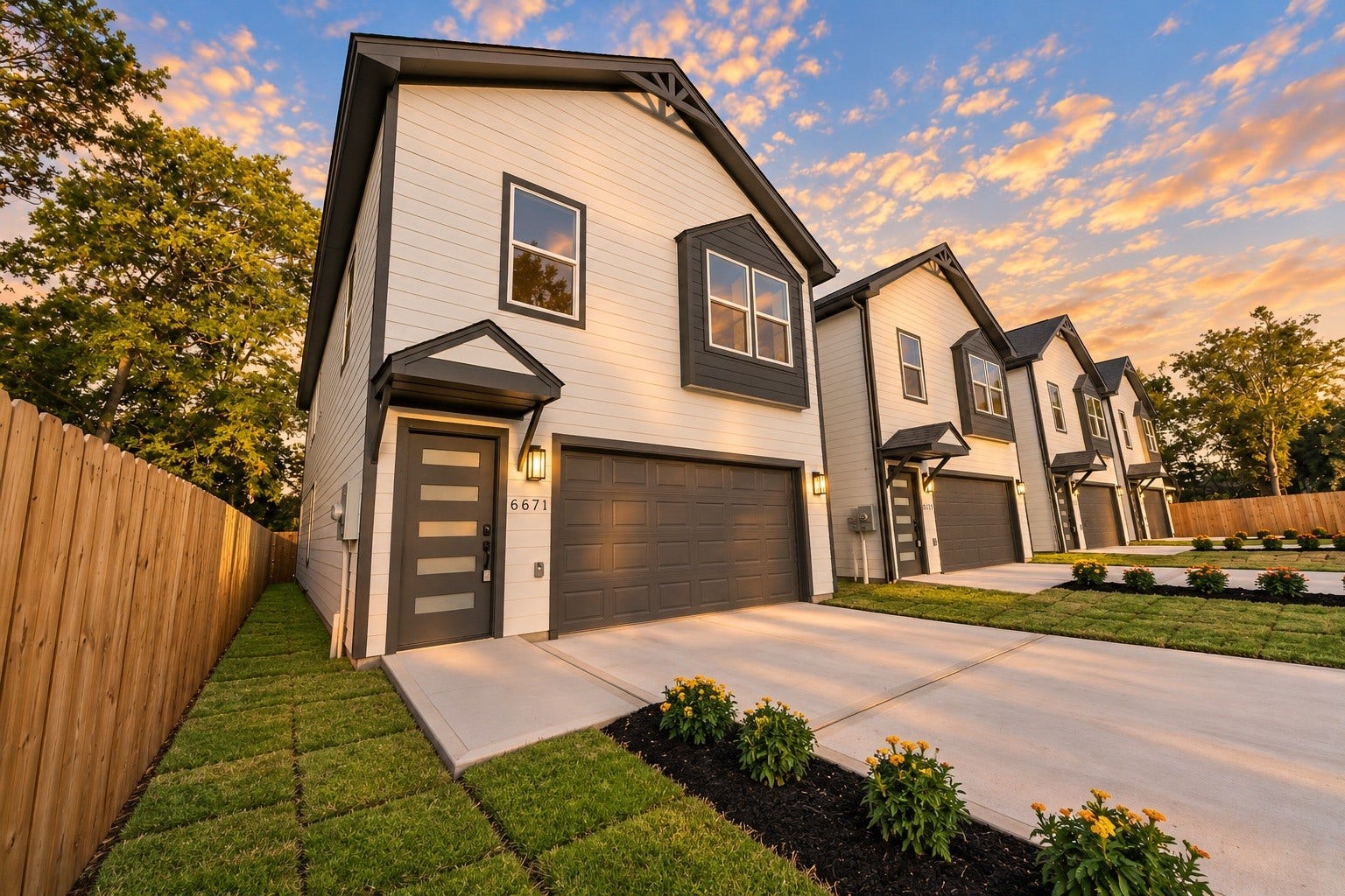 6671 Nielan Street, Houston, TX 77028 Beautiful front elevation showcasing the home's modern design, decorative exterior accents, covered entry, contemporary front door & spacious 2-car garage.