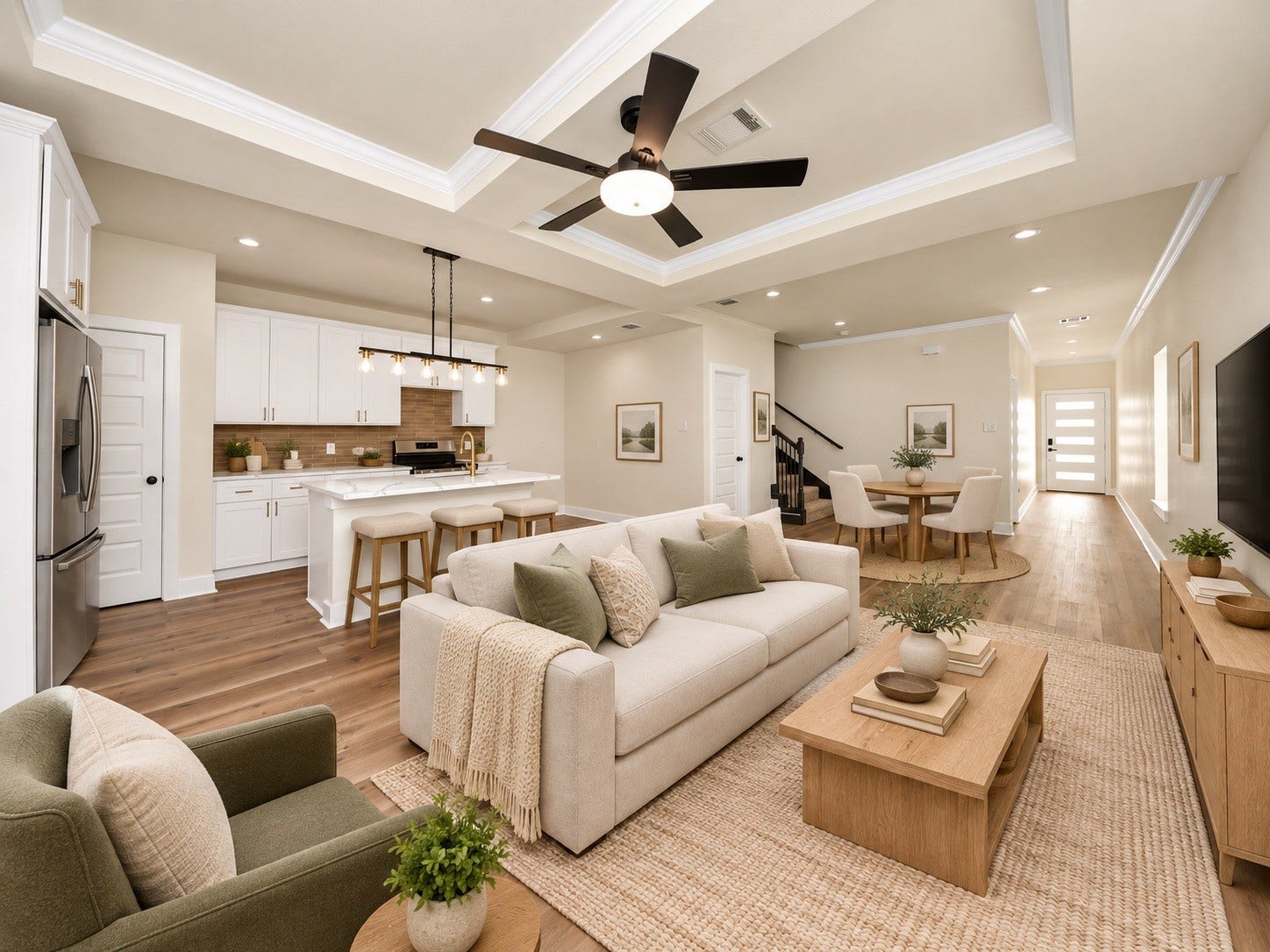 6671 Nielan Street, Houston, TX 77028 Another view of the spacious living area highlighting the beautiful flooring, crown molding, tray ceilings & seamless connection between the kitchen, dining & living spaces | Virtually staged