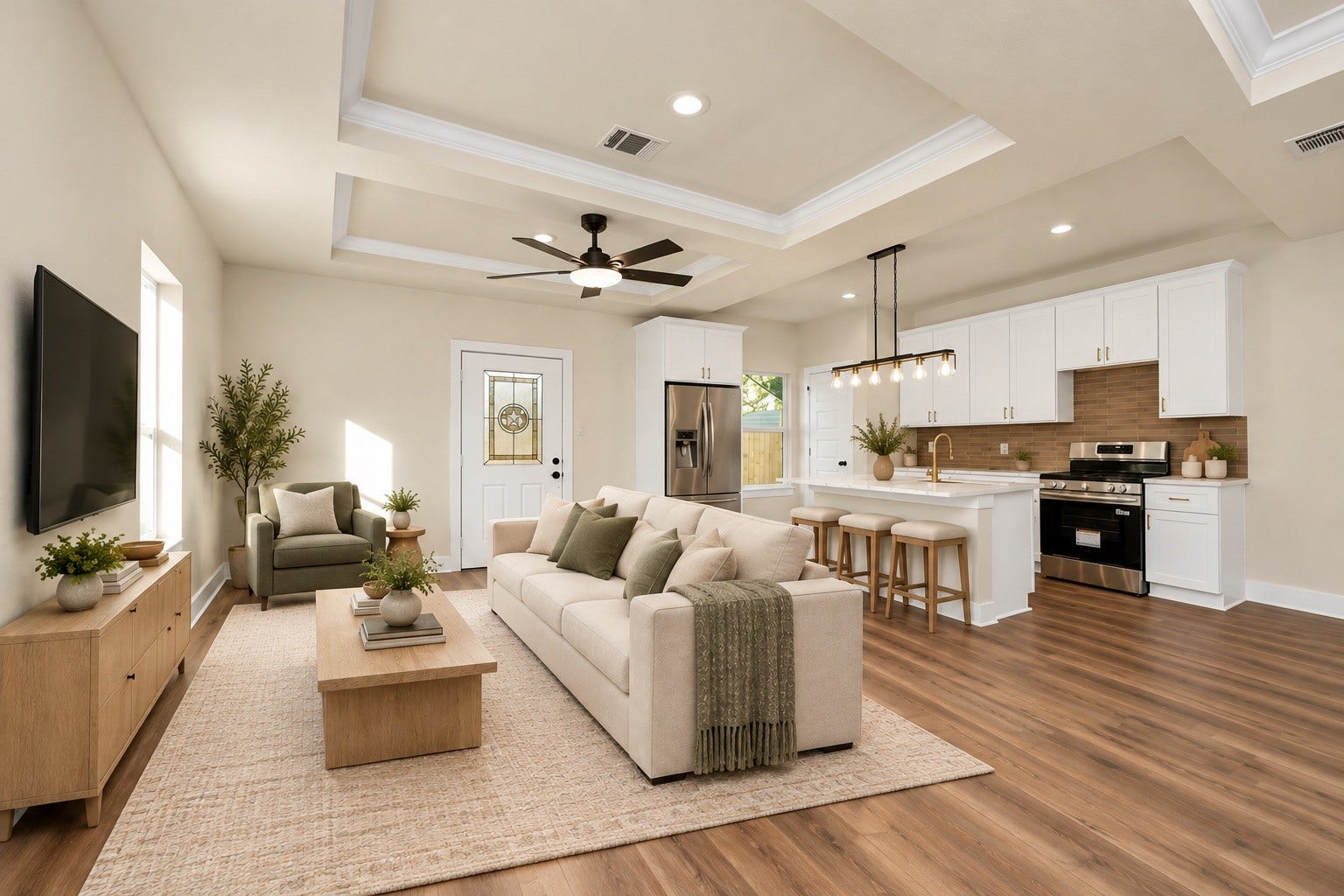 6671 Nielan Street, Houston, TX 77028 Inviting living room featuring elegant tray ceilings, recessed lighting, ceiling fan, large windows & an open layout designed for comfortable everyday living | Virtually staged