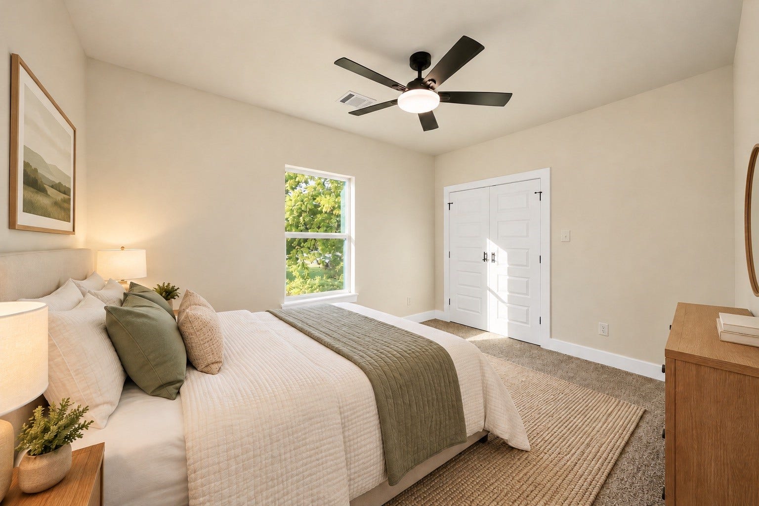 6671 Nielan Street, Houston, TX 77028 Comfortable upstairs secondary bedroom featuring plush carpeting, ceiling fan, neutral finishes, natural light & closet storage | Virtually staged