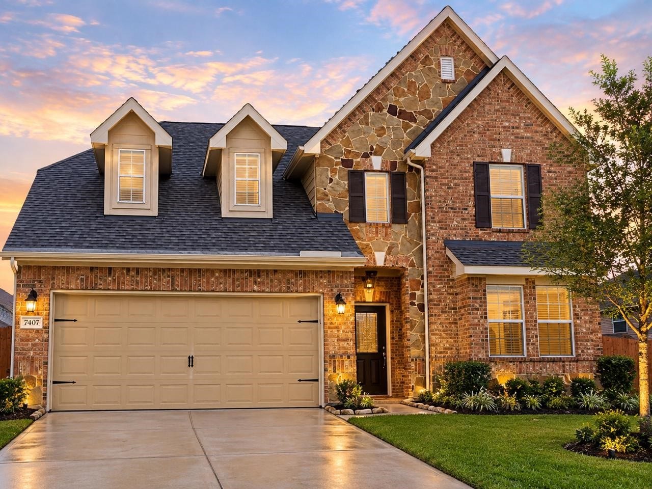 Beautiful two-story brick and stone home with a spacious two-car garage, manicured landscaping, and welcoming front elevation.