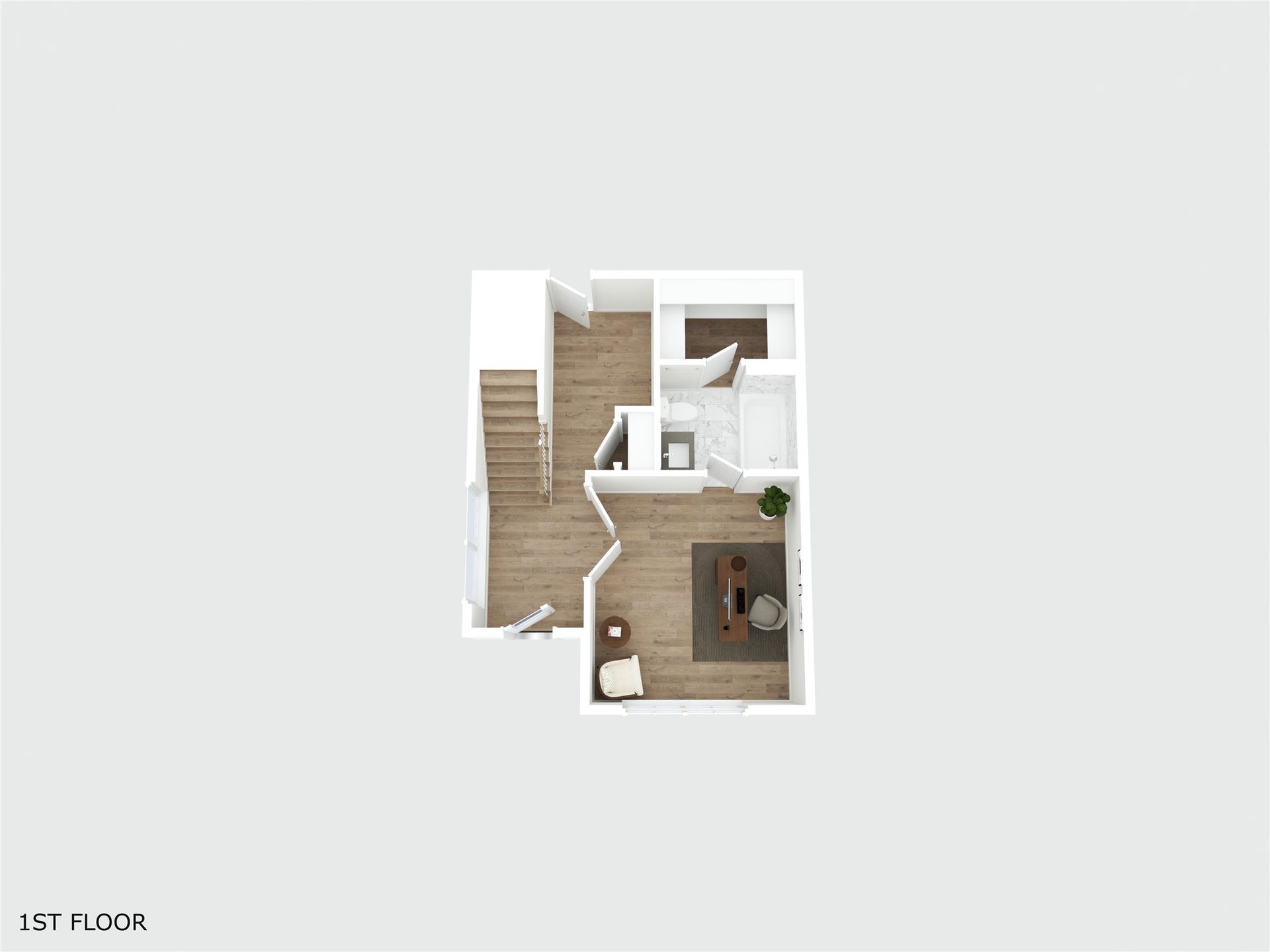 Charming first-floor layout featuring a cozy living area, modern bathroom, and convenient staircase access, all accented with stylish wood flooring.