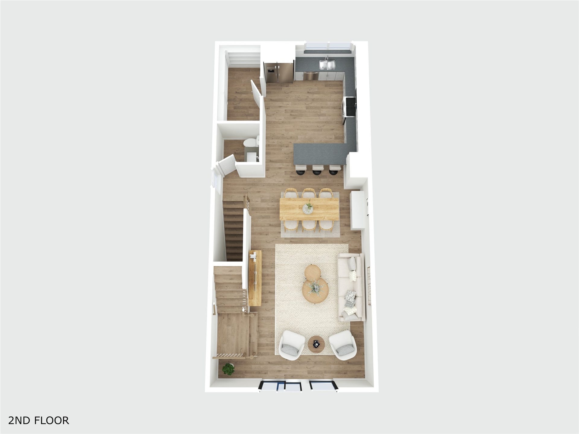 Experience modern open-concept living on the second floor, featuring a spacious kitchen with an island, a dining area, and a ample space in living room perfect for entertaining.