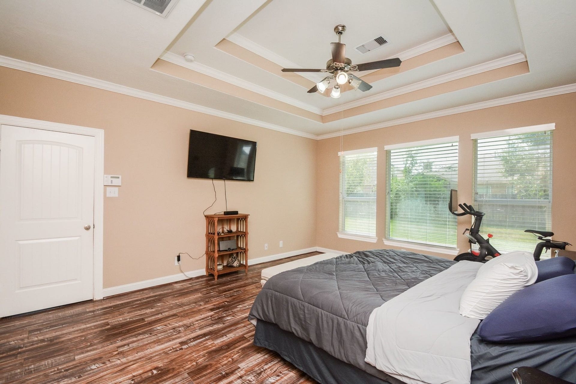 Coffered ceilings, ceiling fan.