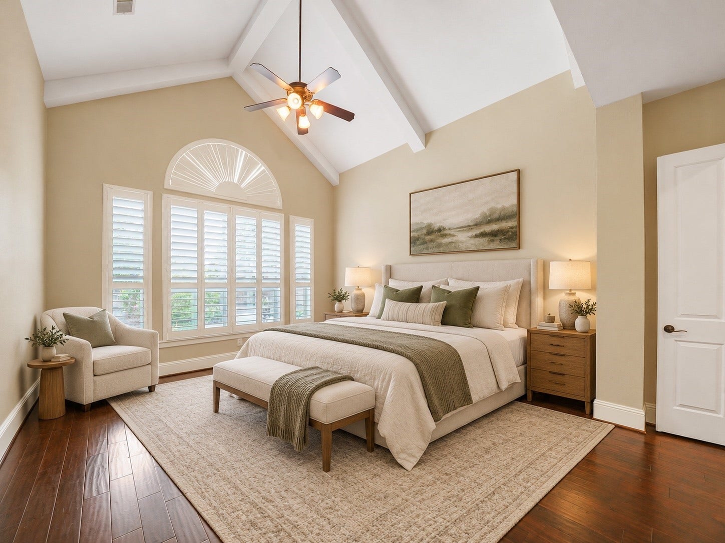 27710 Guthrie Ridge Lane, Katy, TX 77494 Virtually staged: The first-floor primary suite is styled with a boutique-hotel sensibility, reflecting the serene scale of this private retreat.