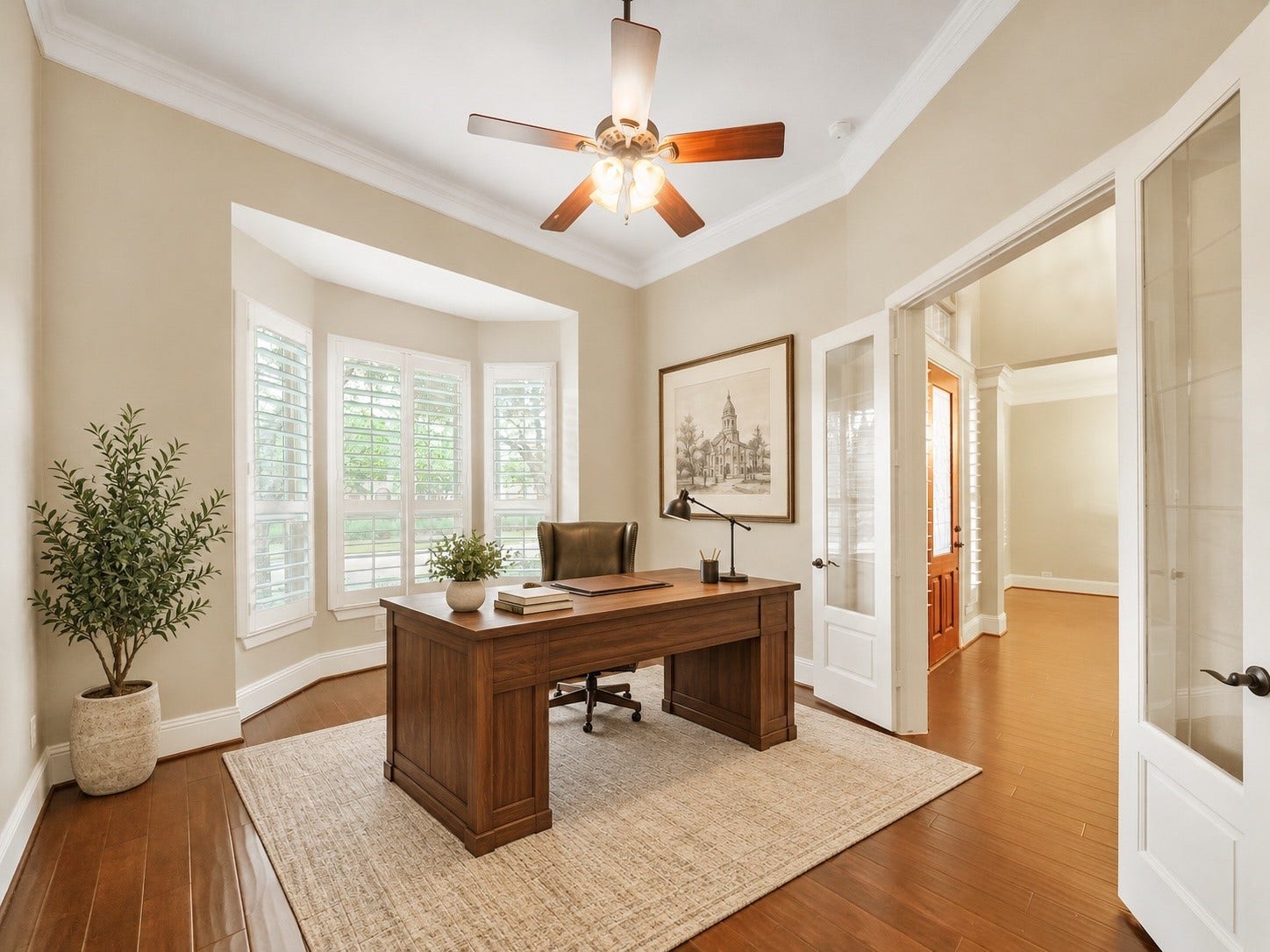 27710 Guthrie Ridge Lane, Katy, TX 77494 Virtually staged: Framed by natural light and warm finishes, the office shows how effortlessly it can become a refined work-from-home retreat.