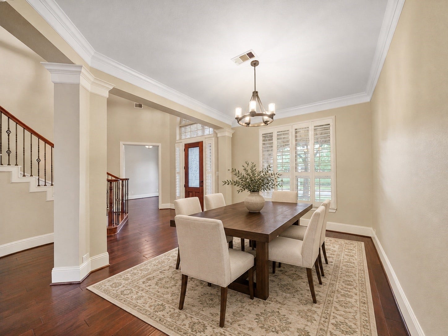 27710 Guthrie Ridge Lane, Katy, TX 77494 Virtually staged: An elegant dining arrangement illustrates the scale for hosting everything from intimate celebrations to a full holiday table.