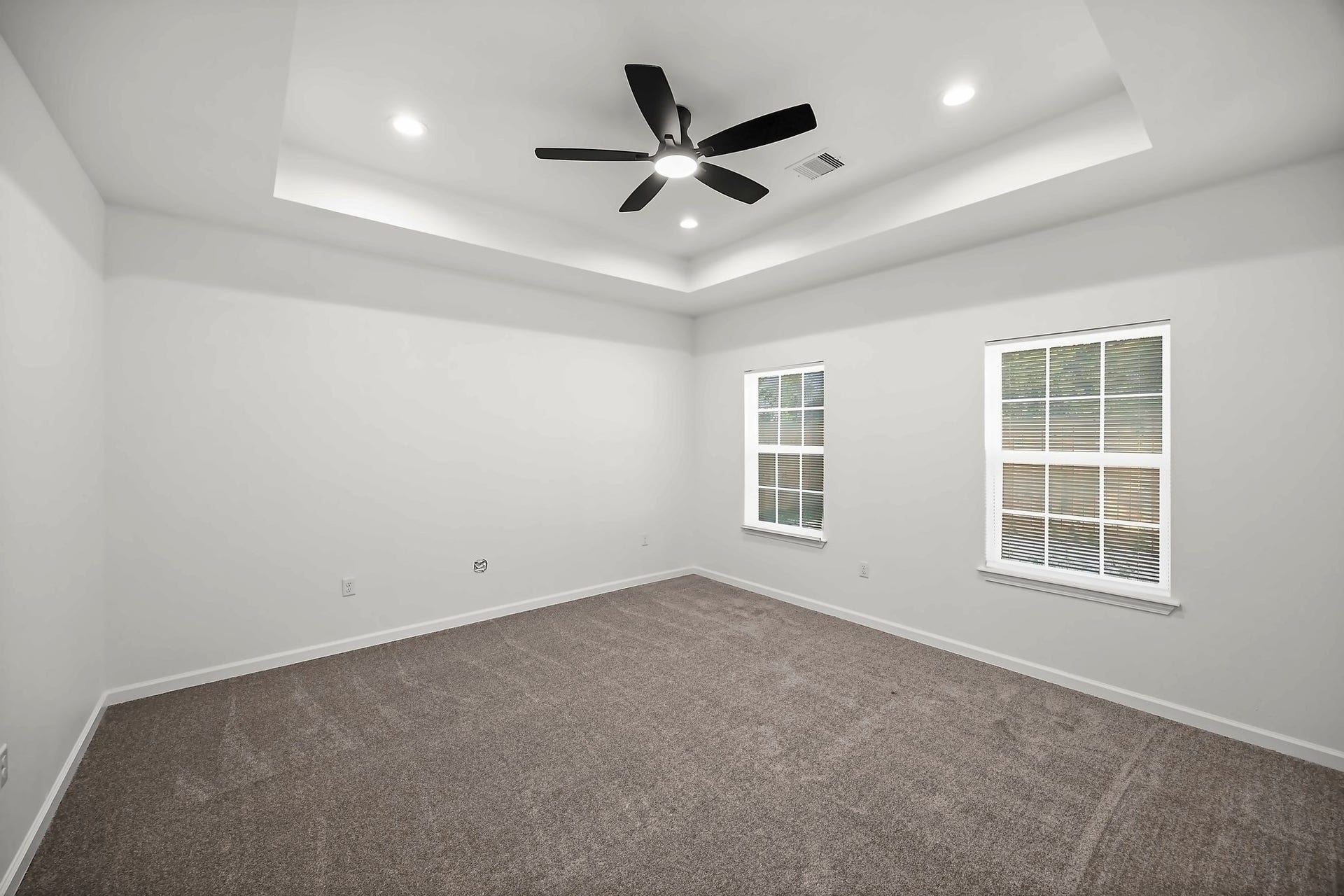 10426 Royal Oaks Drive, Houston, TX 77016 Spacious room featuring a tray ceiling, modern ceiling fan, and plush carpeting, illuminated by recessed lighting and natural light from two large windows.