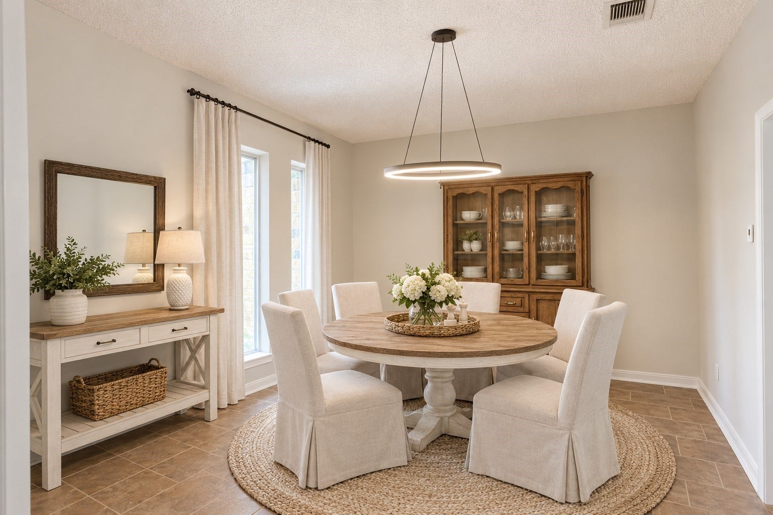 410 Riverside Drive, Alvin, TX 77511 Virtually staged dining room with furniture, rug, and curtains. The built-in china cabinet stays, but does not have dishes in it.