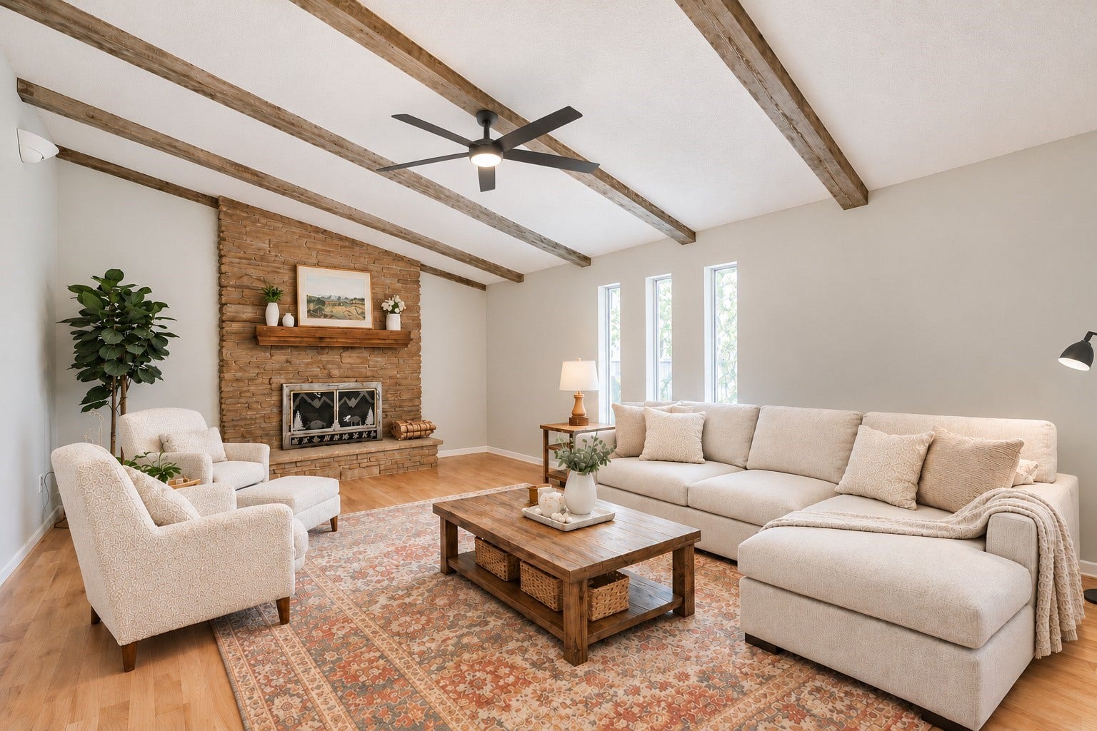 410 Riverside Drive, Alvin, TX 77511 Family room is virtually staged with furniture. This is a spacious room and there are plenty of options for placing your own furniture.