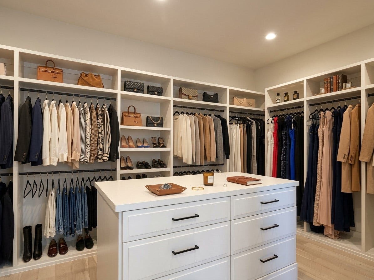 2 of 2 massive owner's walk-in closets w/island dresser & more custom, site-built cabinetry
