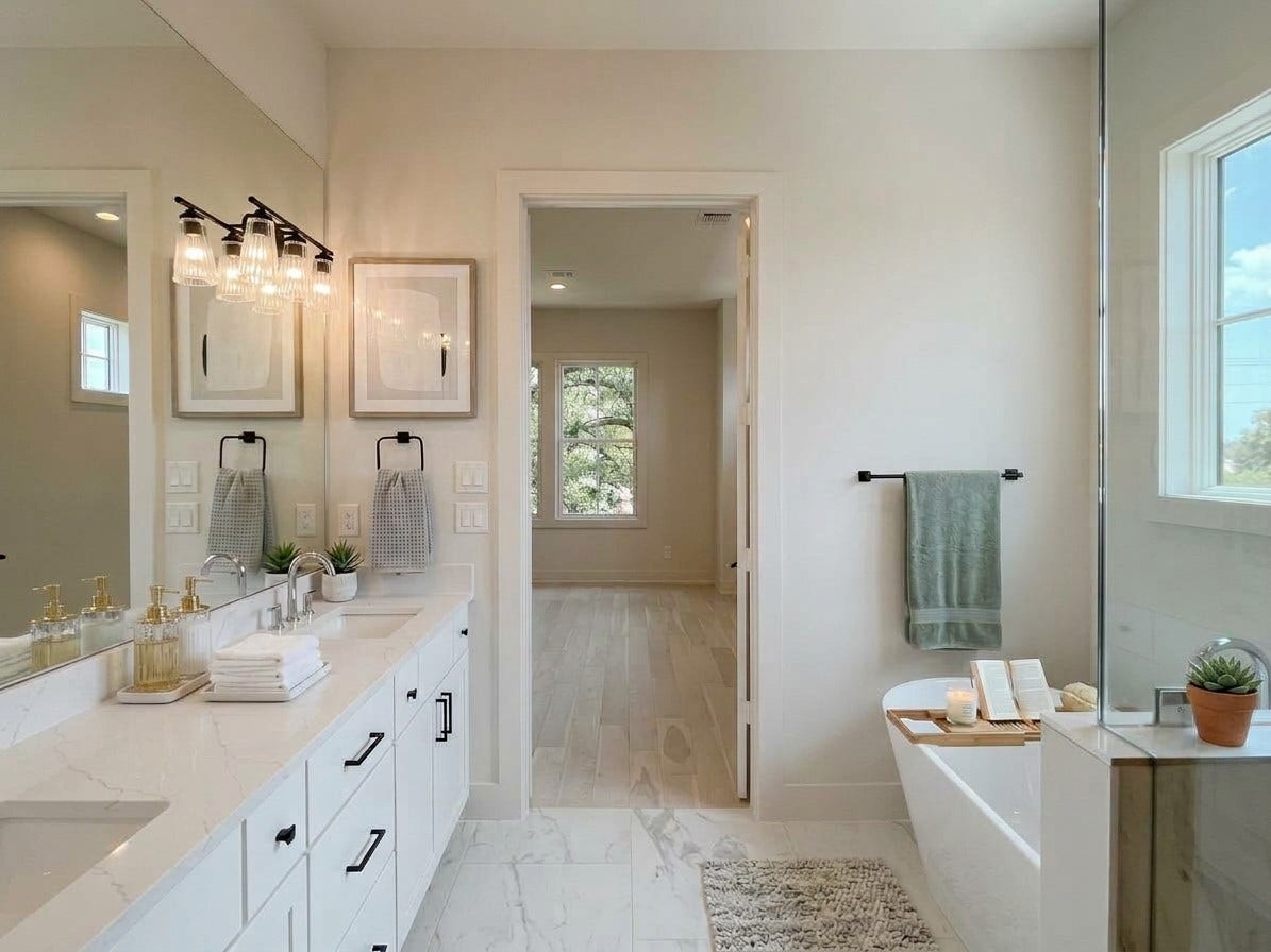 dual vanities, modern faucets, quartz countertops (virtually staged)