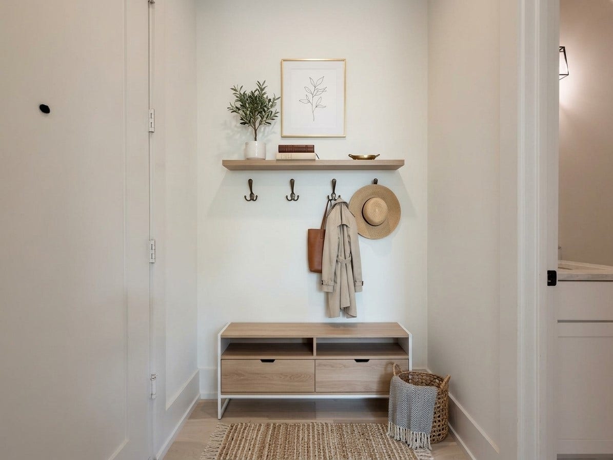 Mudroom space between garage and powder room gives you a convenient place to land when coming home or going out. You can customize this space to your needs. (virtually staged)