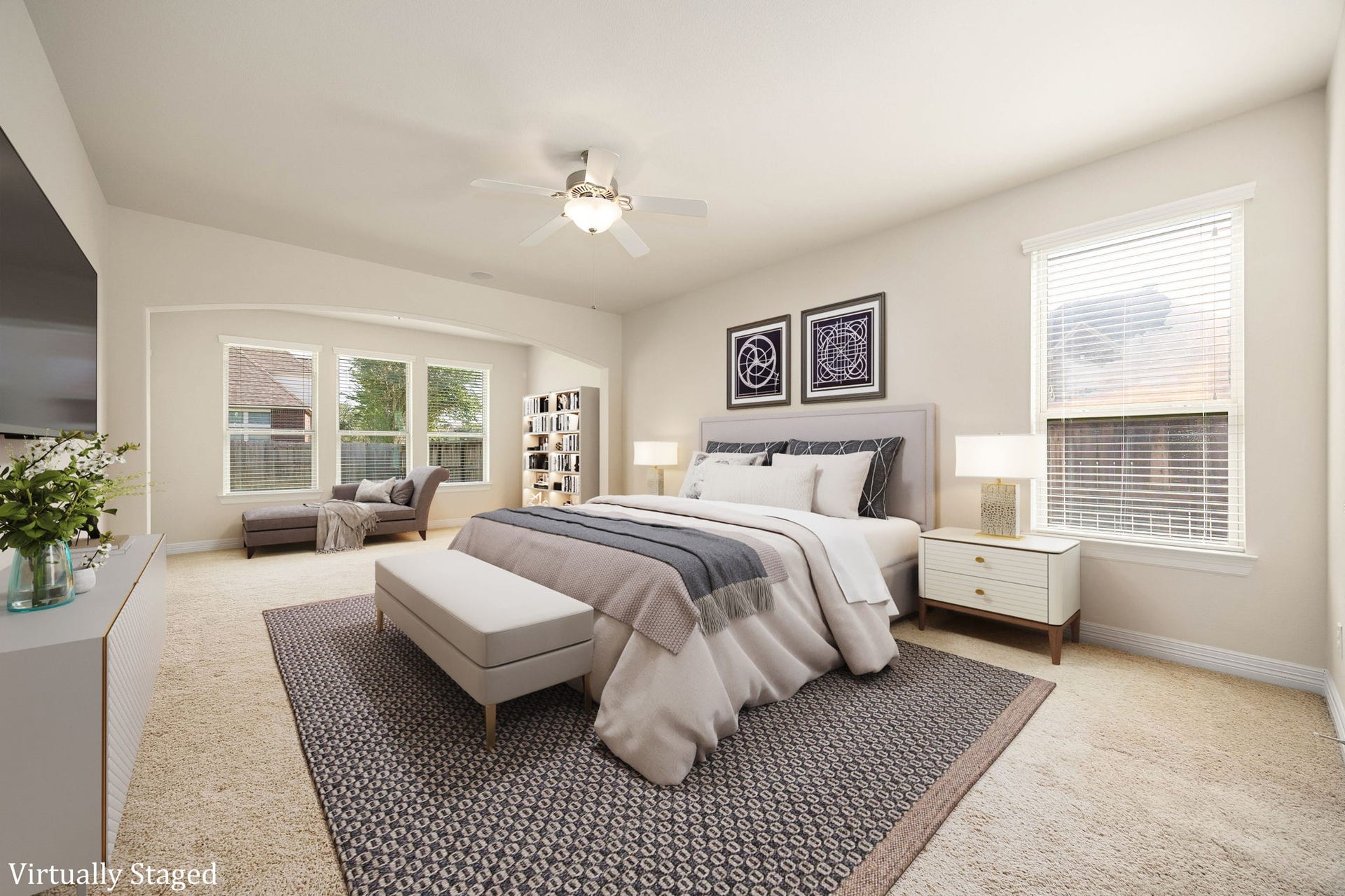 26306 Sunny Springs Lane, Cypress, TX 77433 Generously sized primary suite downstairs with additional sitting areas is a welcoming retreat!(Virtually staged to showcase the rooms size and possibilities)