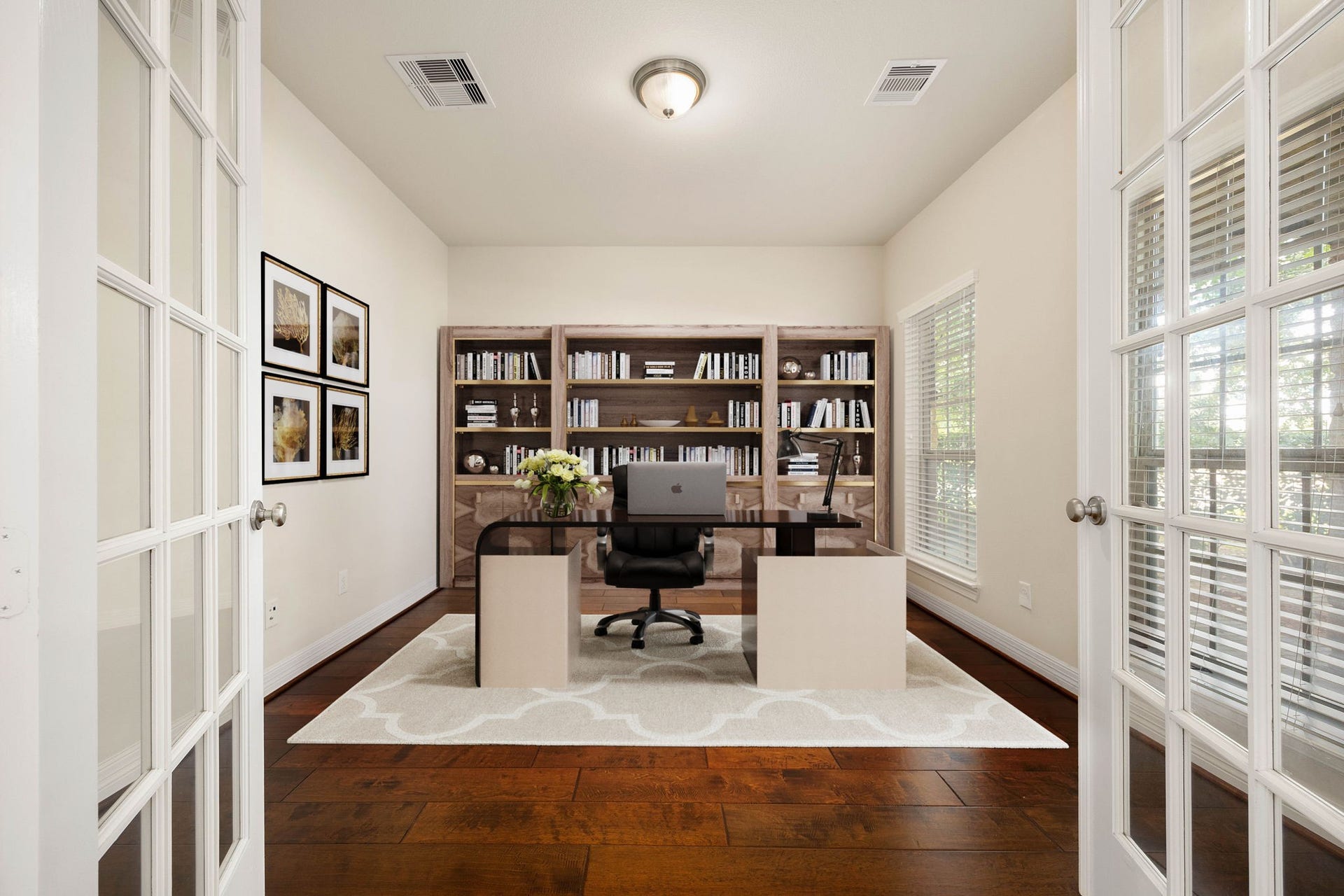 26306 Sunny Springs Lane, Cypress, TX 77433 Dedicated home office or flex room with French doors and windows offering abundant natural light and privacy for a comfortable work-from-home setup. (Virtually staged to showcase possibilities)