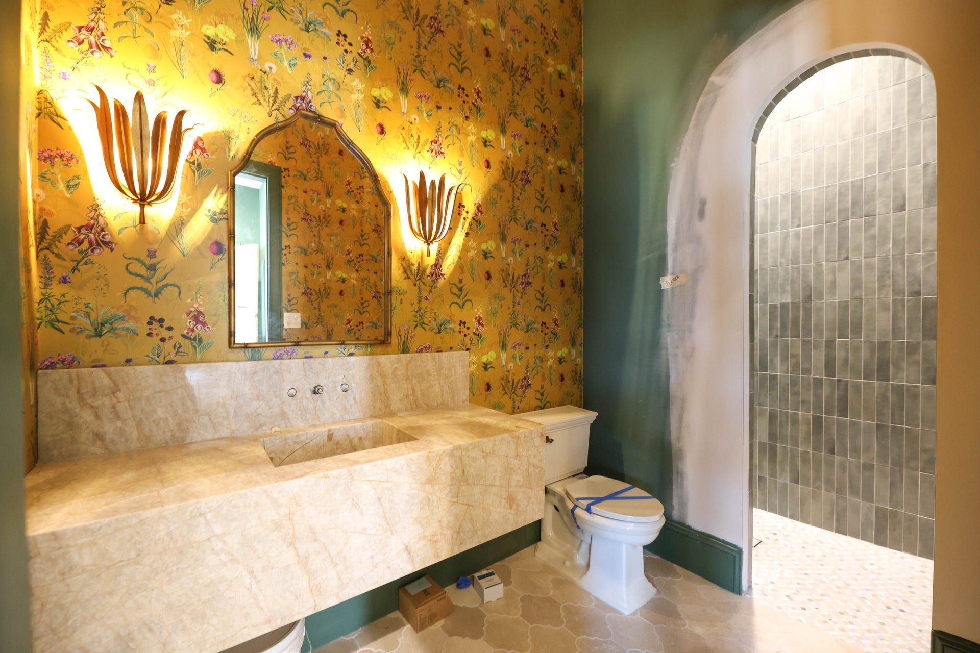 752 W 43rd Street, Houston, TX 77018 1st Floor Study offers a highly detailed full bath w/ walkin shower, floating stone vanity, designer selected wallpaper and lighting.