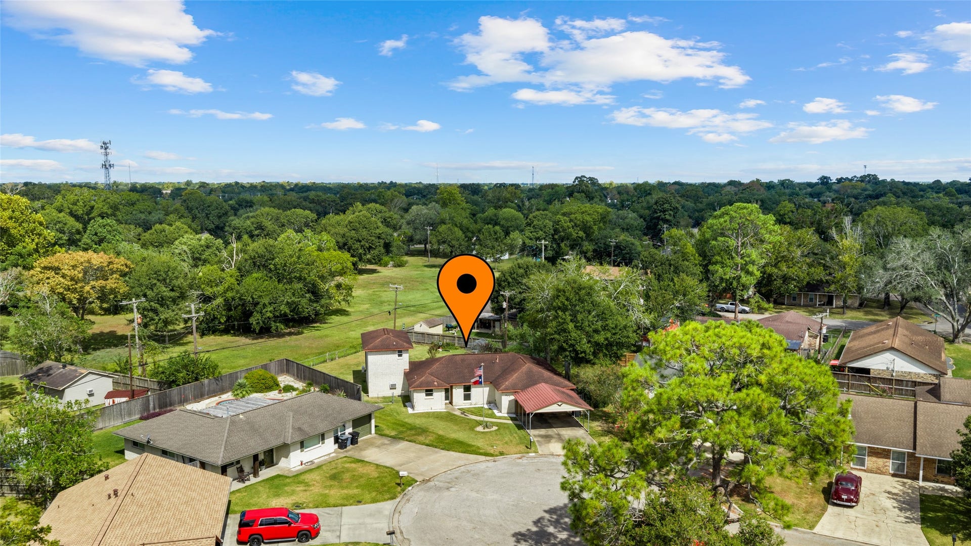 503 Allen Court, Alvin, TX 77511 Aerial view highlights the homes cul-de-sac setting with a generous backyard and open green space beyond the property.