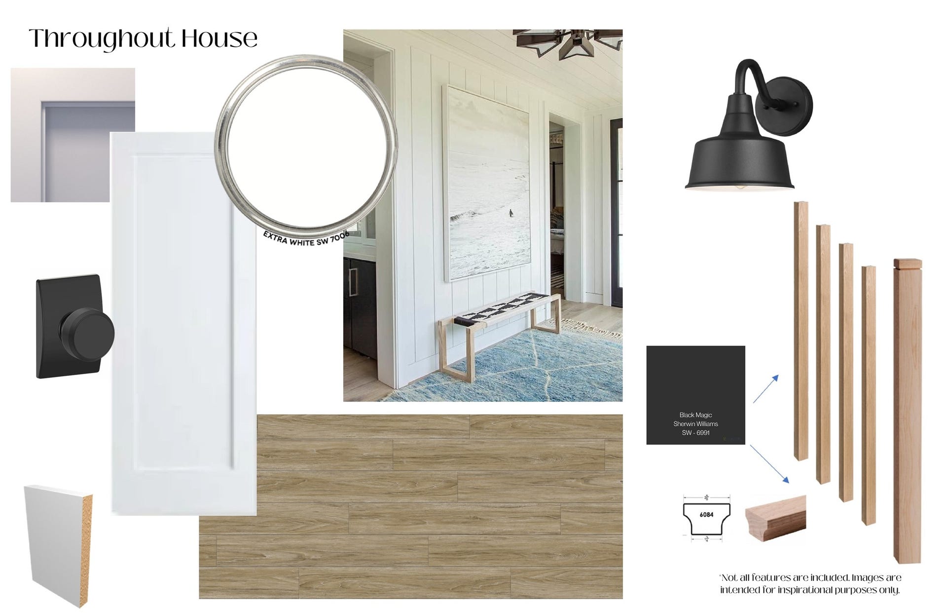 26702 Bay Water Drive, Galveston, TX 77554 Interior selections throughout the home include white oak luxury vinyl plank flooring, Extra White walls, black hardware, shiplap accents, and modern lighting details.