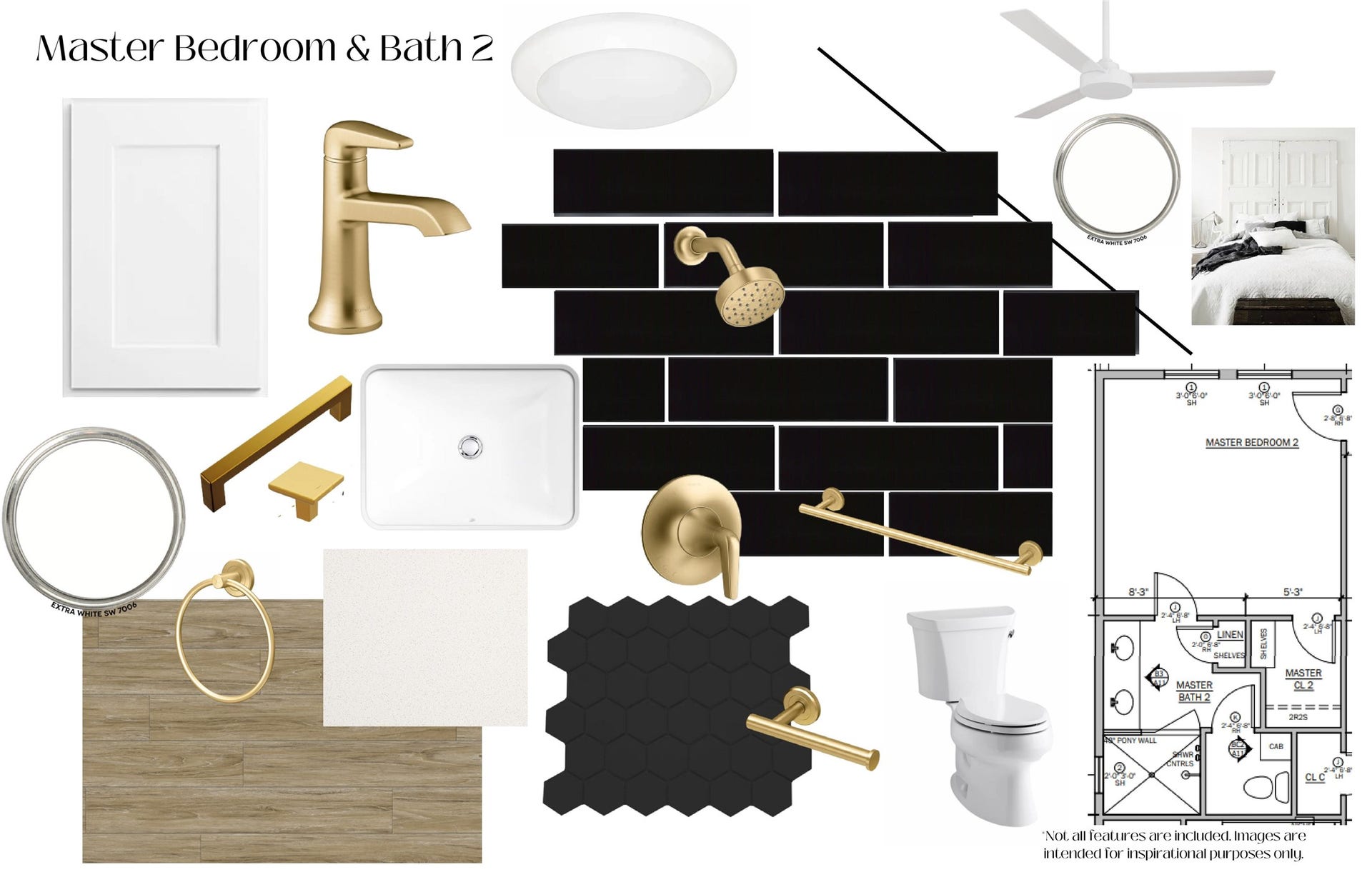 26702 Bay Water Drive, Galveston, TX 77554 The second primary suite highlights white oak luxury vinyl plank flooring, Extra White cabinetry, bold black subway and hexagon tile, and brushed golden brass fixtures for a dramatic yet timeless look.