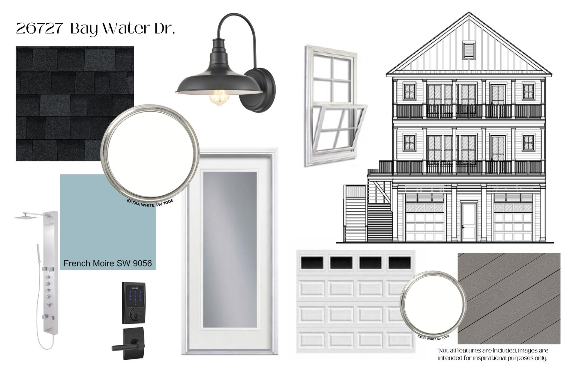 26702 Bay Water Drive, Galveston, TX 77554 The exterior design features crisp Extra White siding with French Moir blue trim, black roof shingles, a Therma Tru full-lite glass door, and coastal-inspired lantern lighting.
